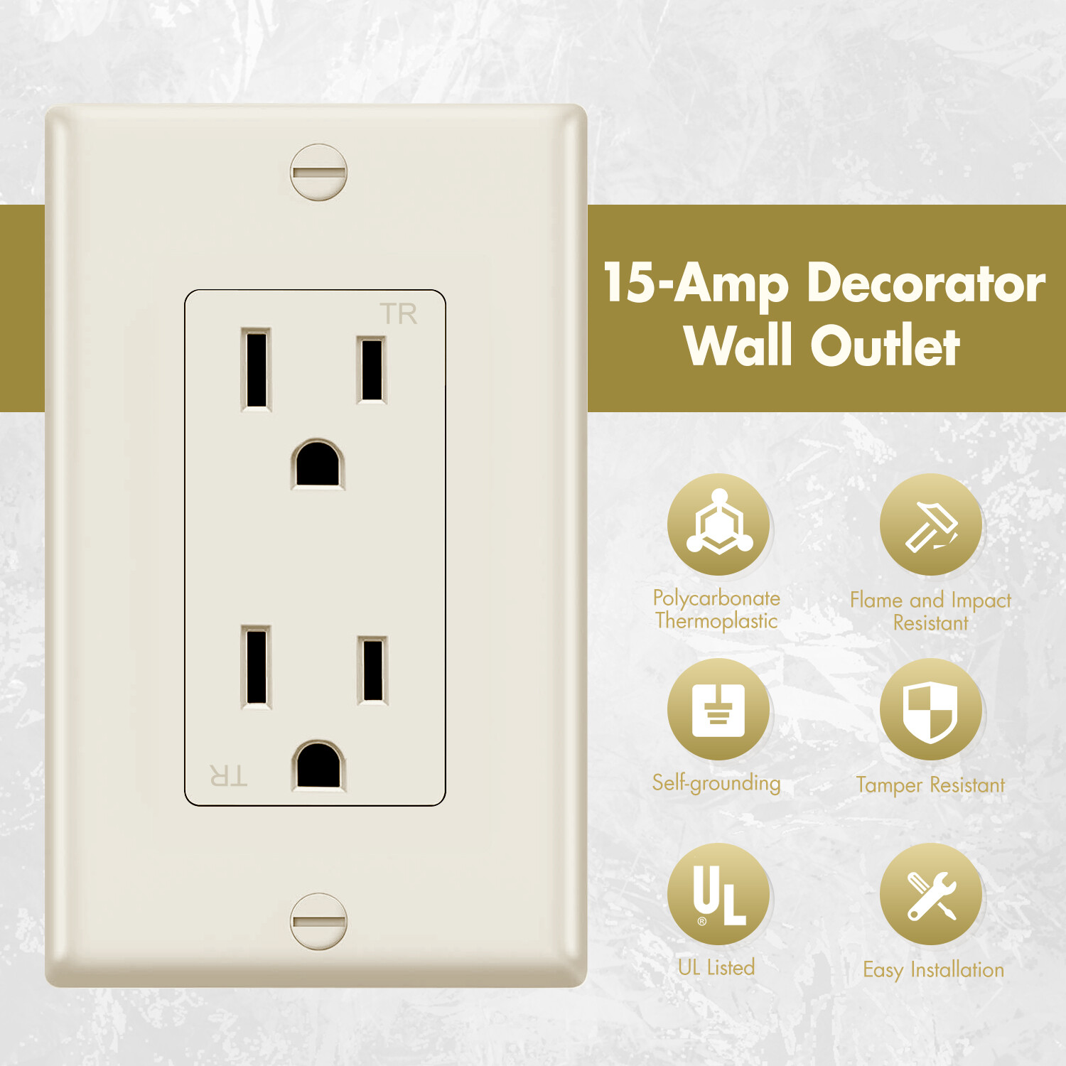 Outlet Socket, Decora Duplex Receptacle 15 Amp, Tamper Resistant，Ivory，10Pack