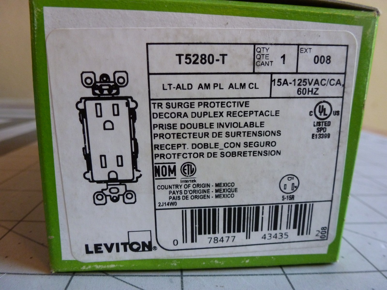 Leviton T5280-T Surge Protective Duplex Outlet 15 Amp 125 Volt Tamper-Resistant