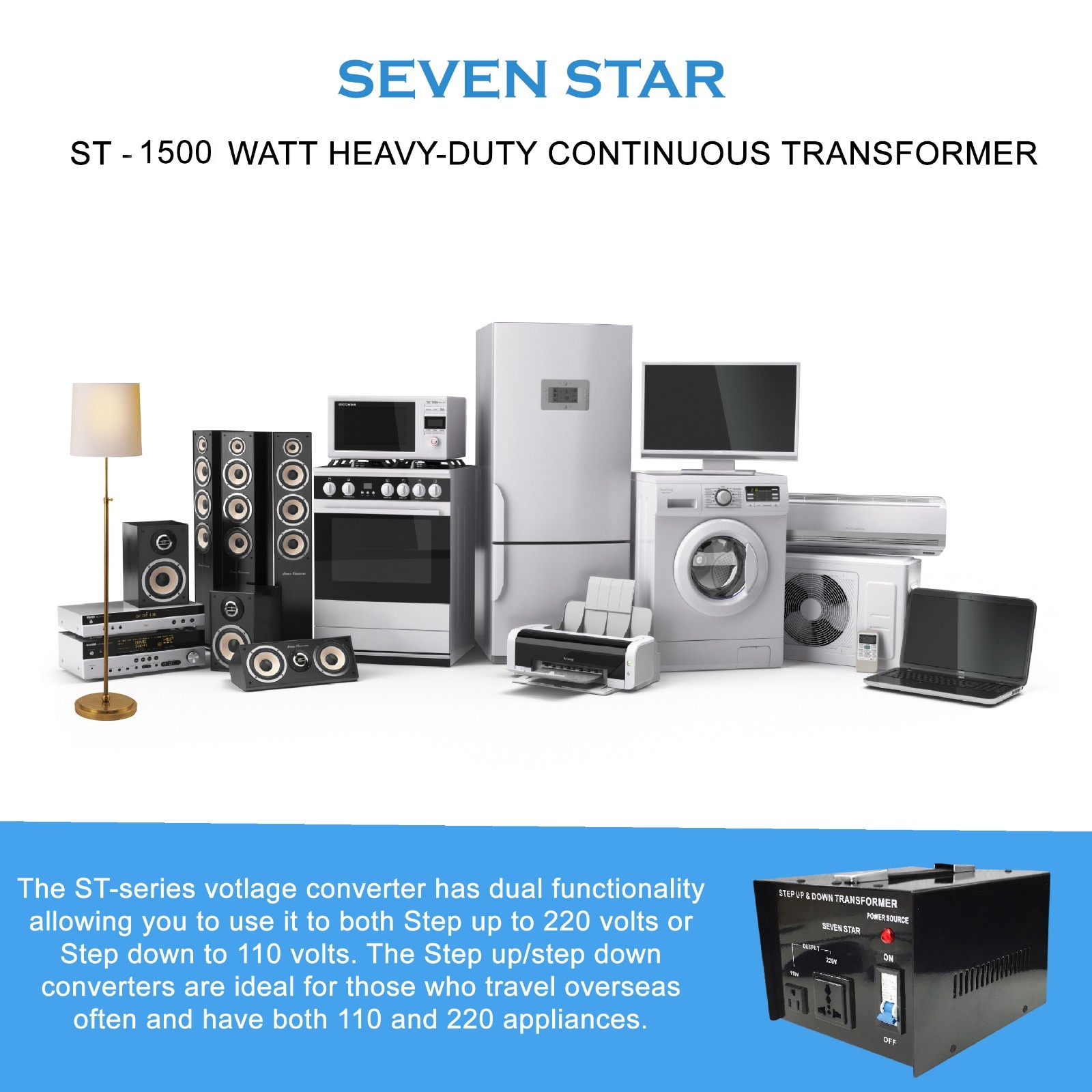 SevenStar ST-1500W Watt Voltage Transformer Up/Down 110V to 220 Volt Converter