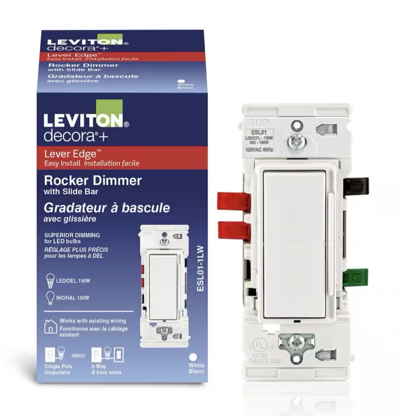 Leviton Decora Lever Edge Rocker Slide Dimmer Switch 150w Single Pole or 3-Way