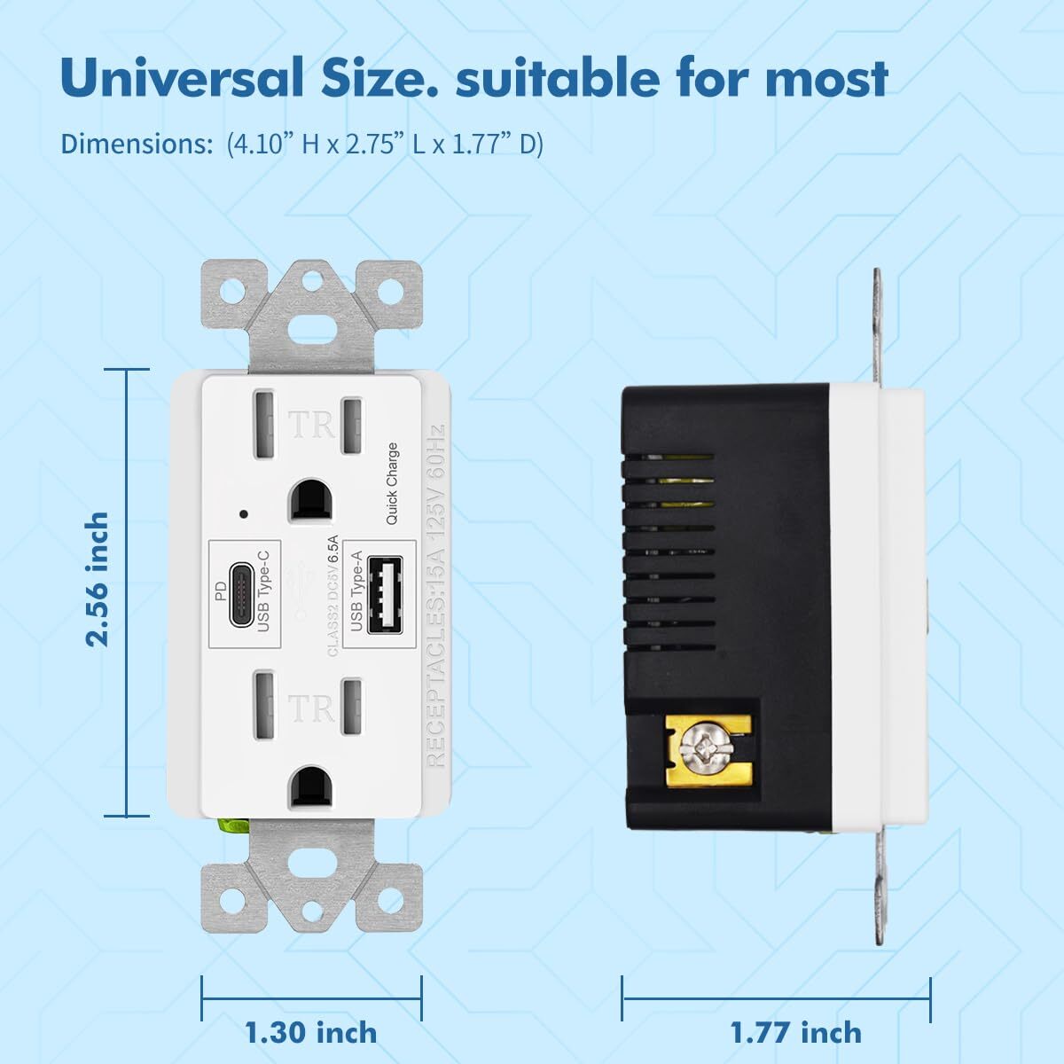USB C Outlet PD 65W 6.5A Power Delivery Duplex Receptacle 15 Amp,UL Listed White