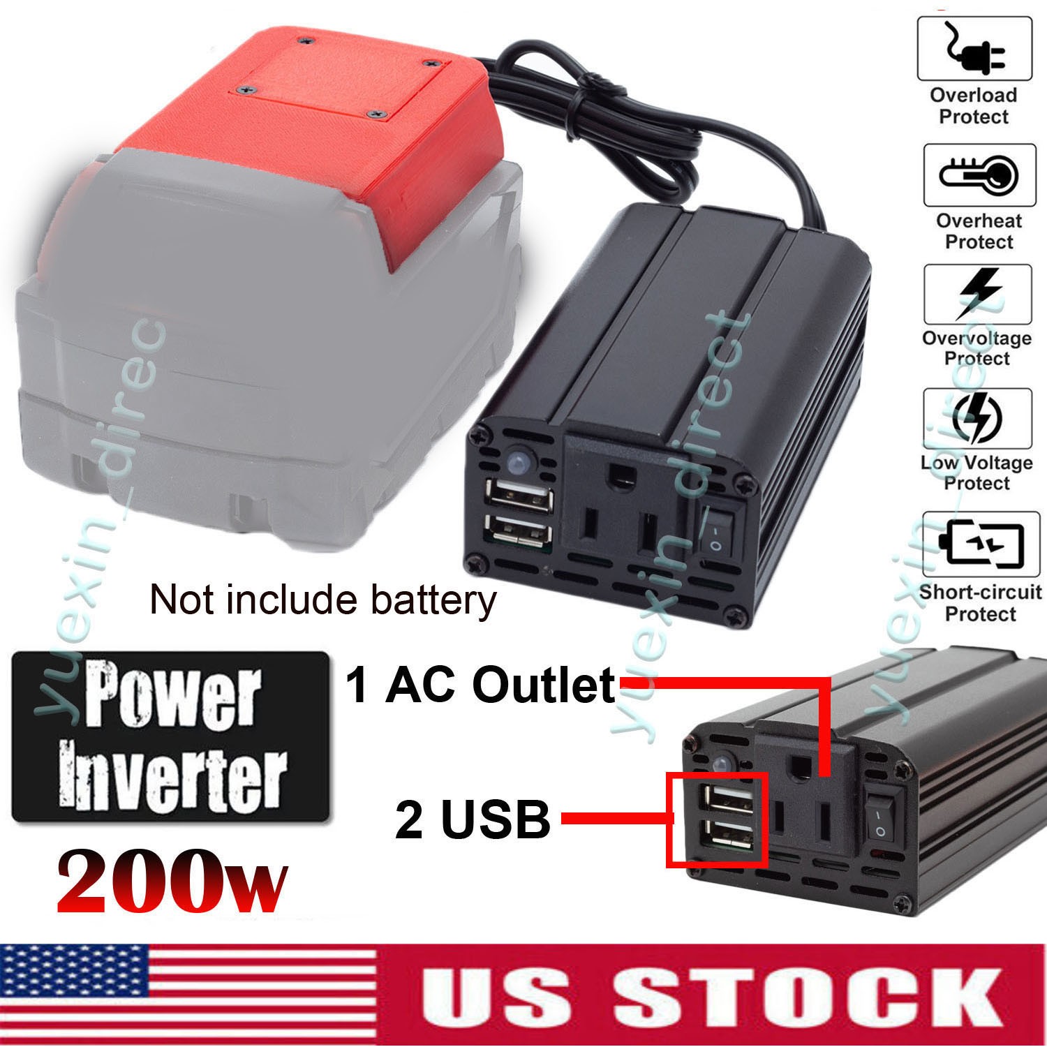 Power Inverter AC Outlet Adapter For Milwaukee 18v Battery DC 18V to 110V AC