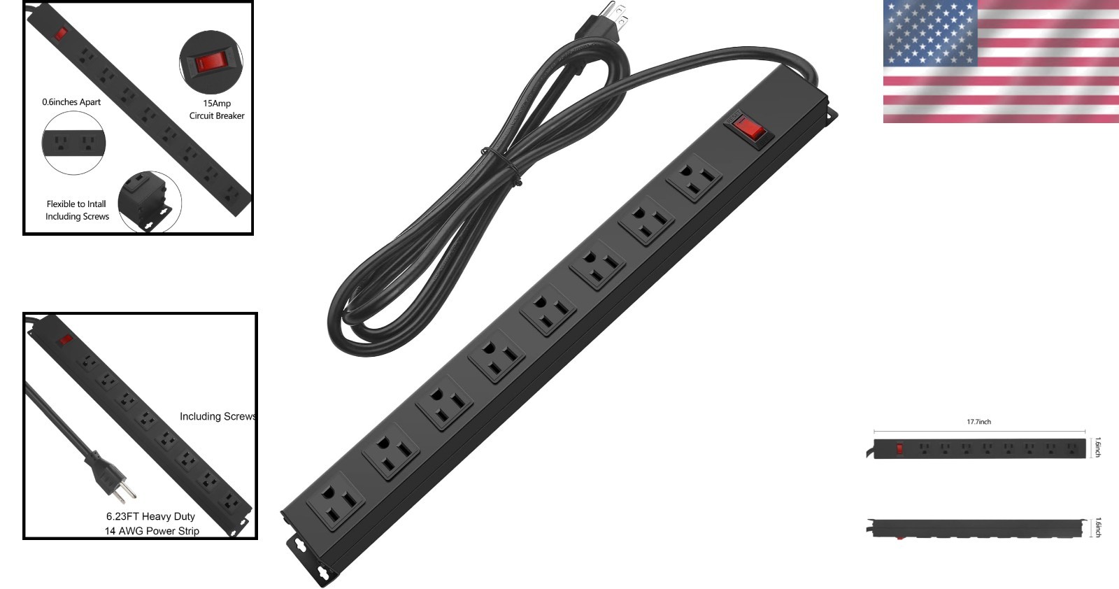 Durable 8-Outlet Power Strip 1200J Surge 10ft 14AWG Metal Casing Wall Mountable