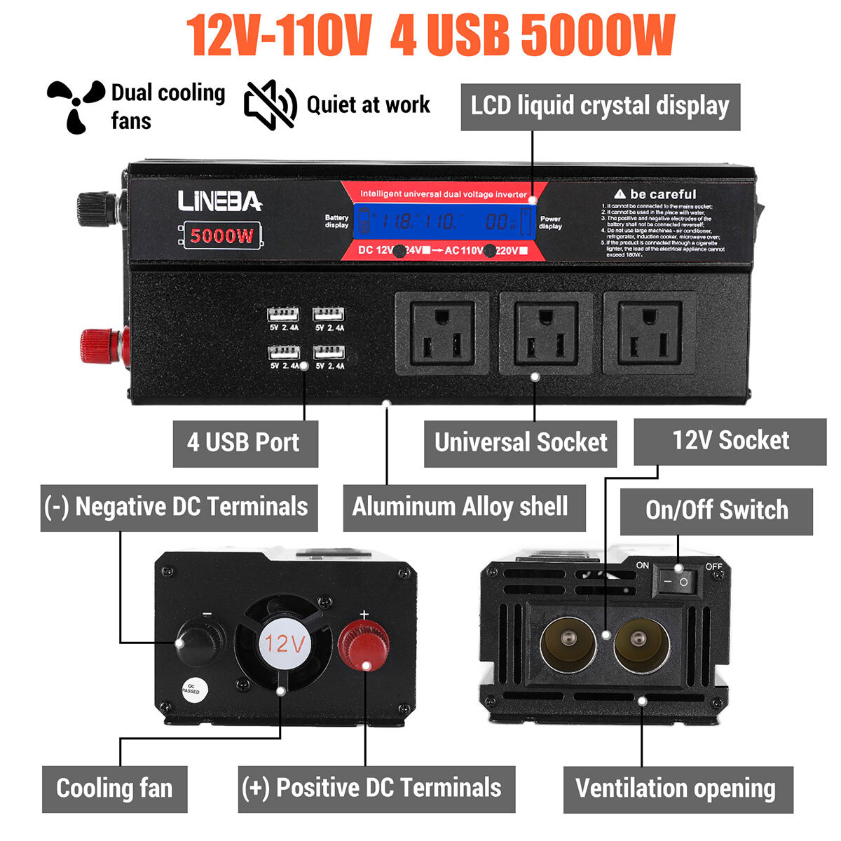 1500W 2500W 5000W Car Power Inverter 12V to 110V Converter 3AC 4USB LCD Display