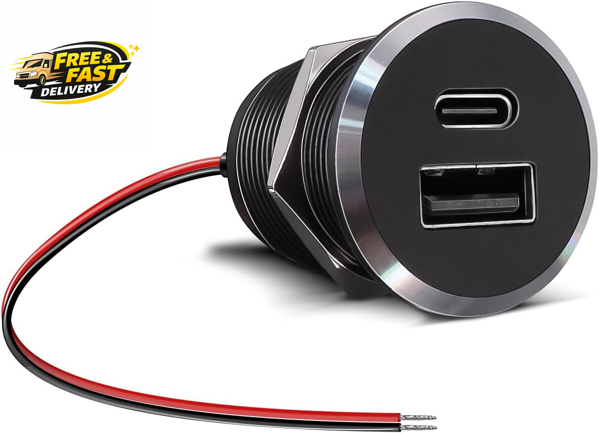 12V USB Outlet All-Aluminum QC 3.0 USB-A & USB-C PD3.0 Dual Fast Car Charger Soc