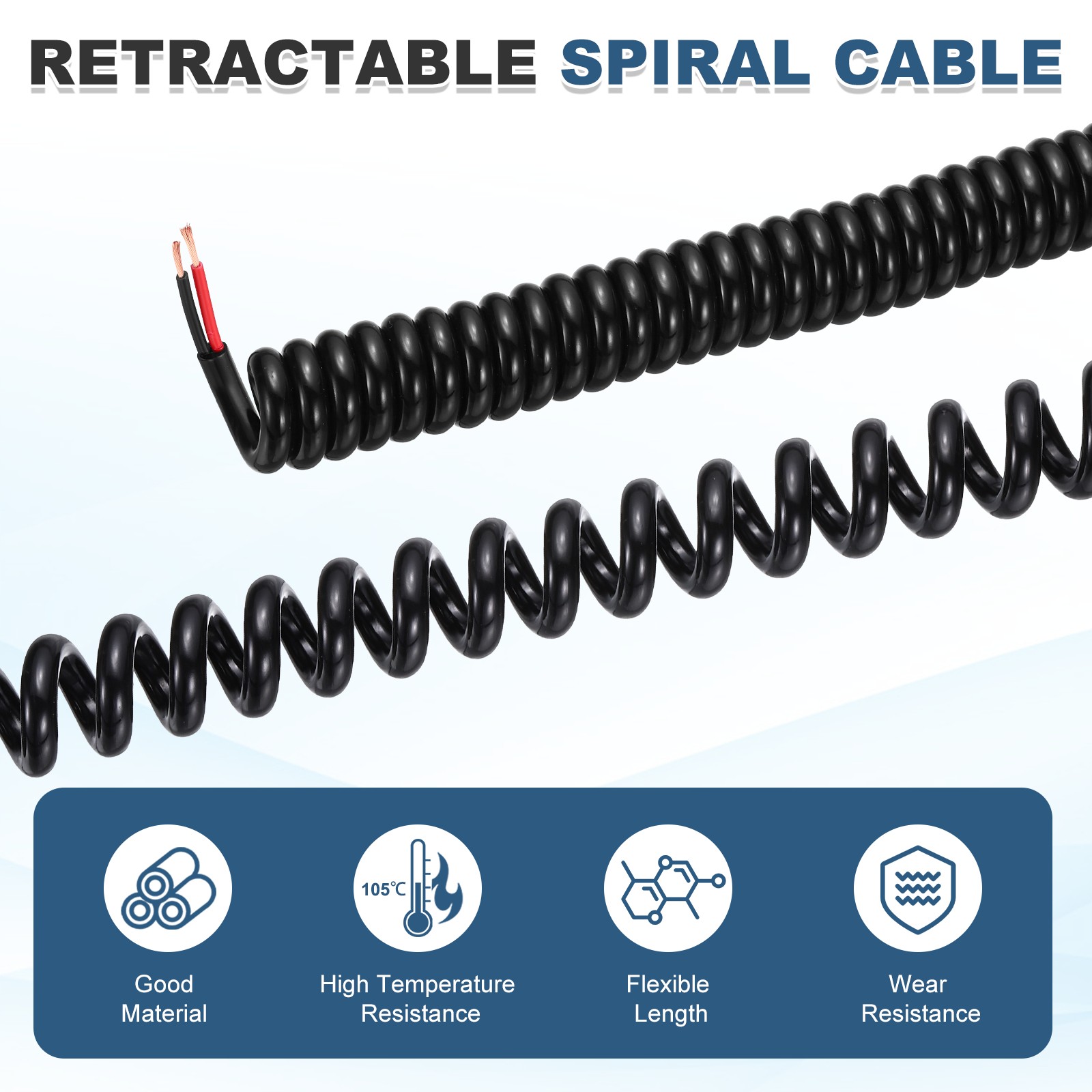 5ft Retractable Coiled Coil Cord, 2 Conductor 22AWG Spiral Power Cord Cable