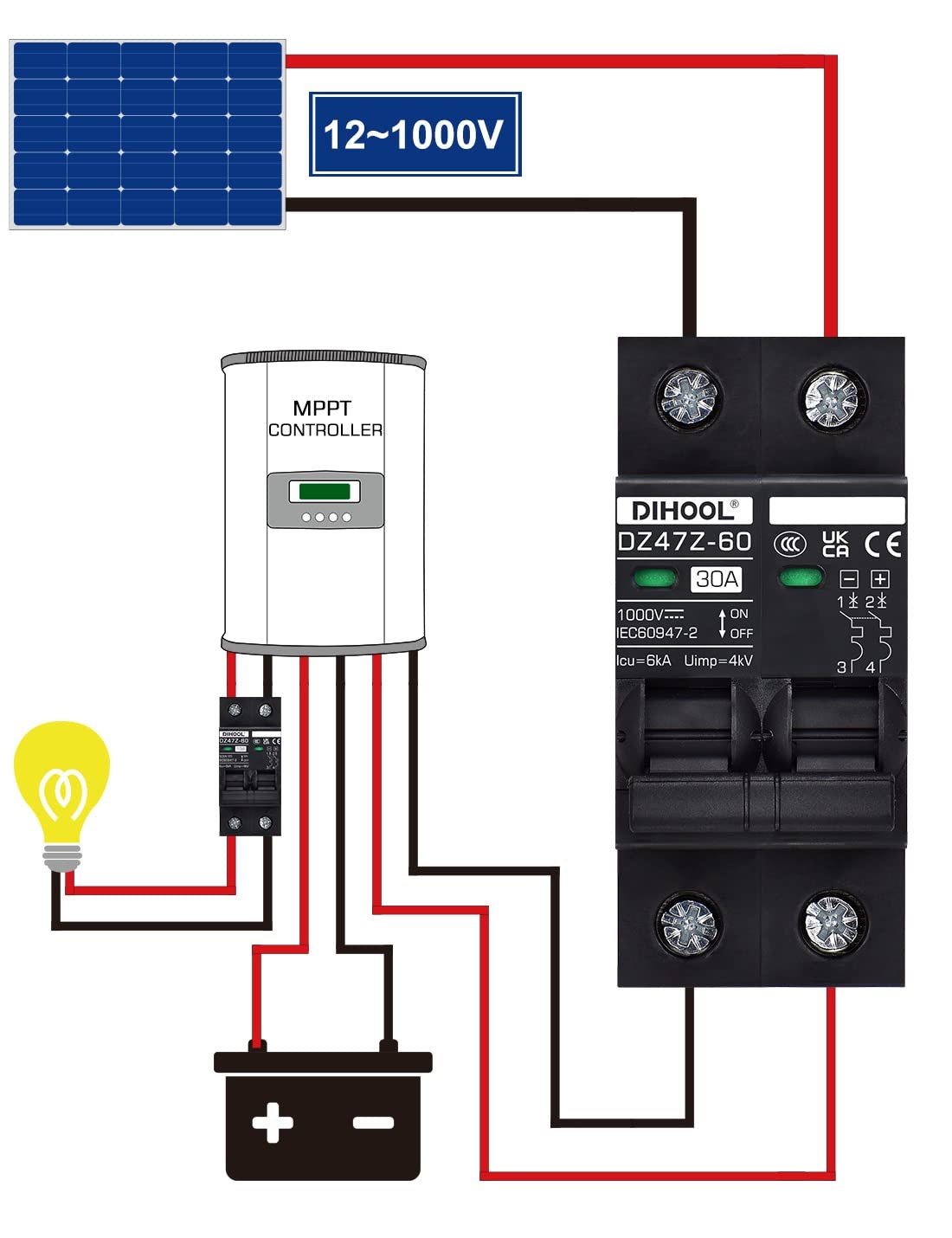 Dihool 30 Amp Circuit Breaker Din Rail Mount Solar Disconnect Switch 2P 1000V