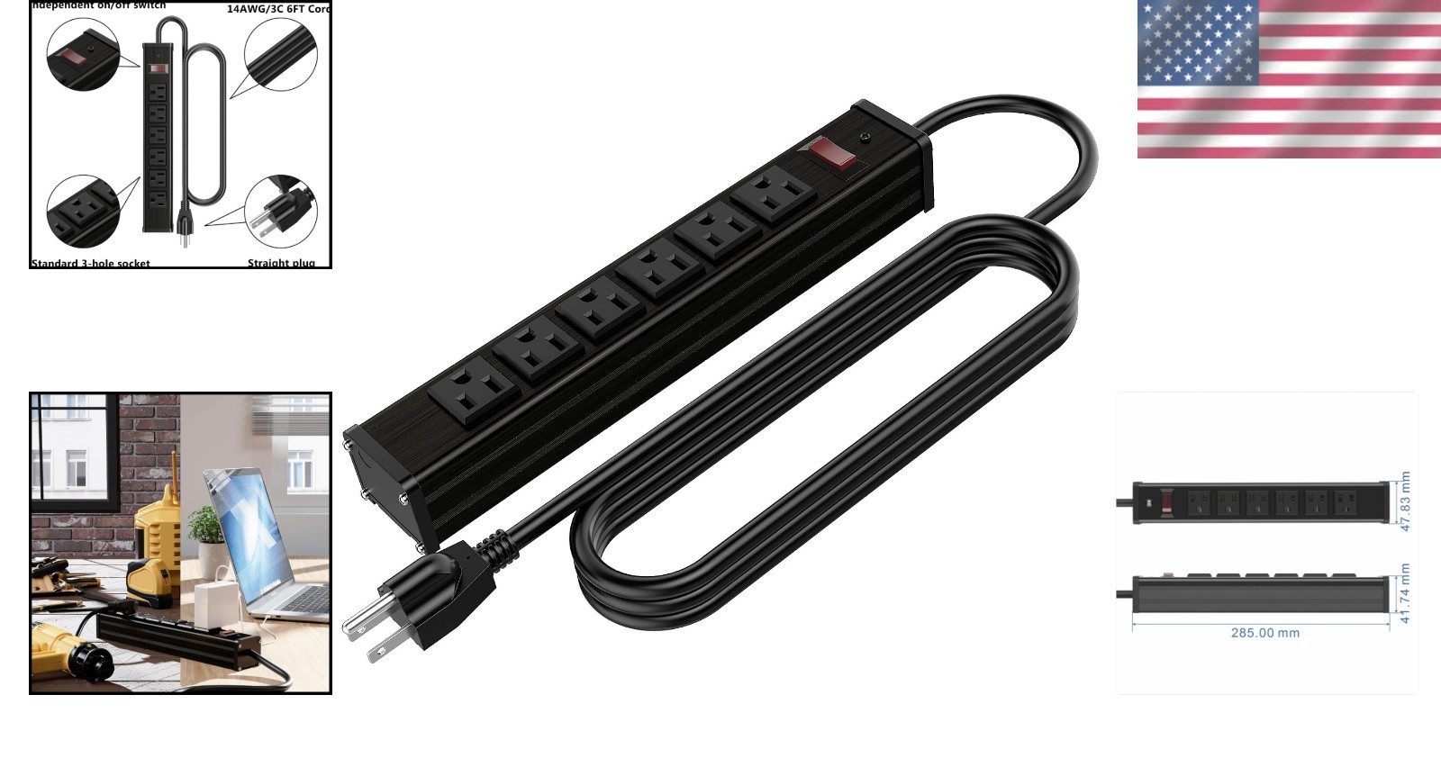 Wall-Mount 6 Outlet Heavy Duty Power Strip – Ideal for Workstations & Workshops