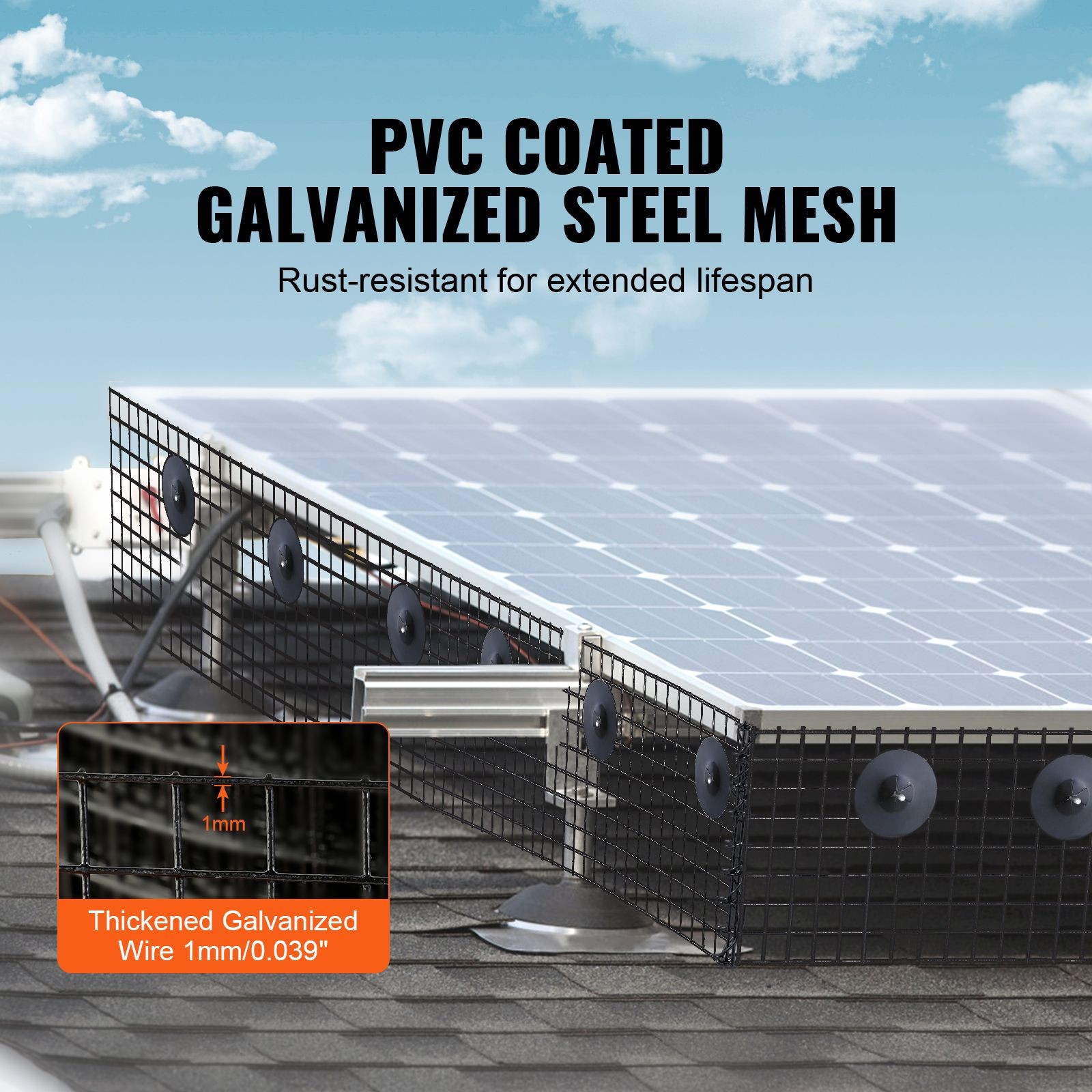 8in x 100ft Solar Bird Guard PVC-Coated Galvanized Wire Mesh, 1/2″ Grid