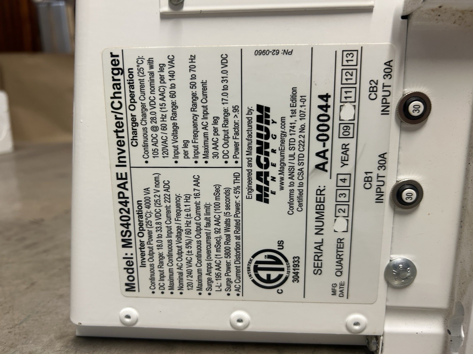 Magnum Energy Sine Inverter Charger MS4024 120VAC 4000W