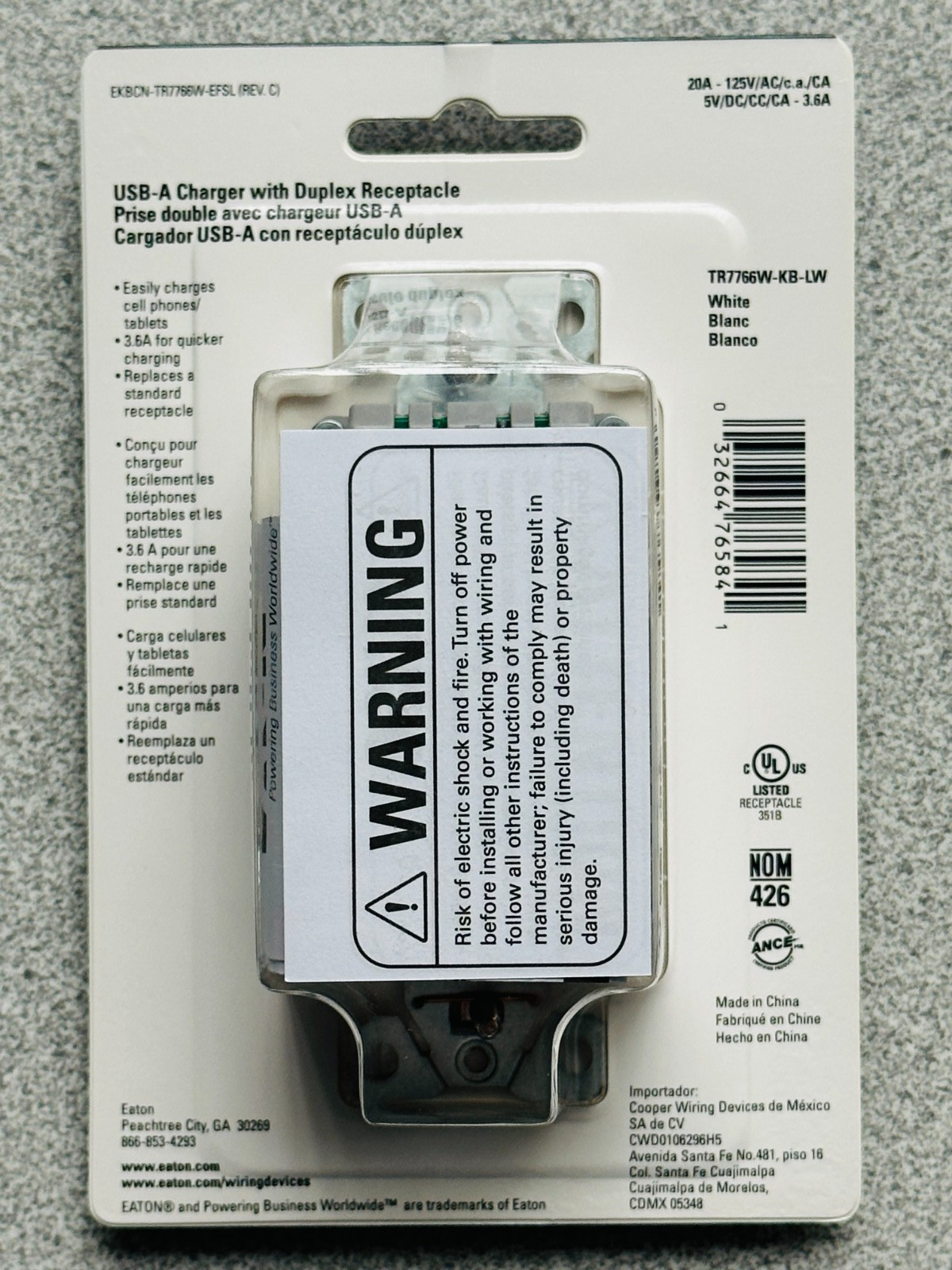 NEW Eaton TR7766W White Tamper Resistant 20A Outlet Receptacle 3.6A USB Charger