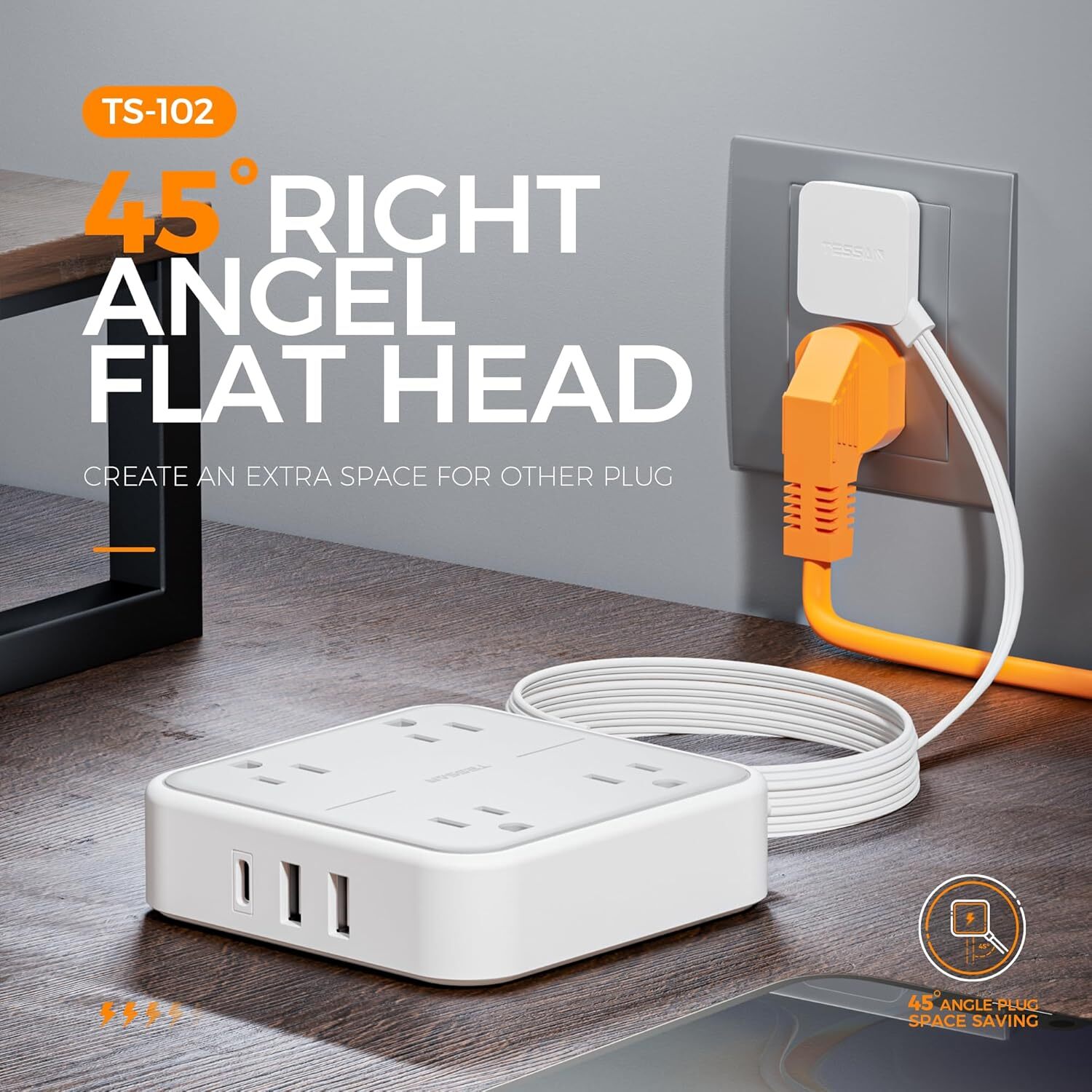 Ultra Thin Flat Plug Power Strip with Multi Outlet 3 USB Port 5FT Extension Cord