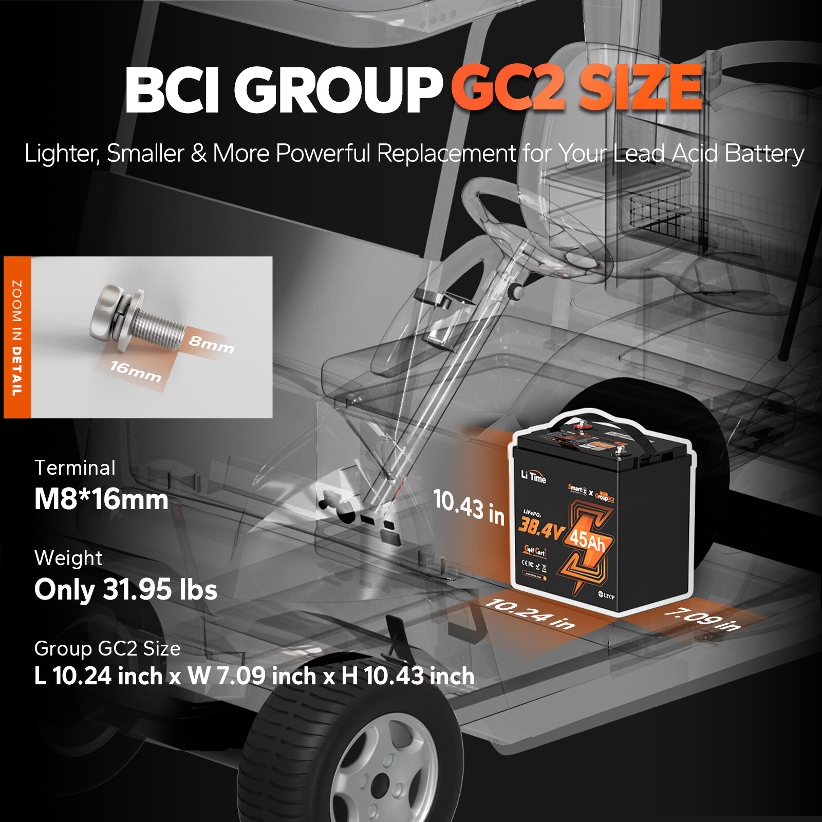 LiTime 36V 45Ah GC2 Golf Cart LiFePO4 Lithium Battery Deep Cycle 1728Wh 90A BMS
