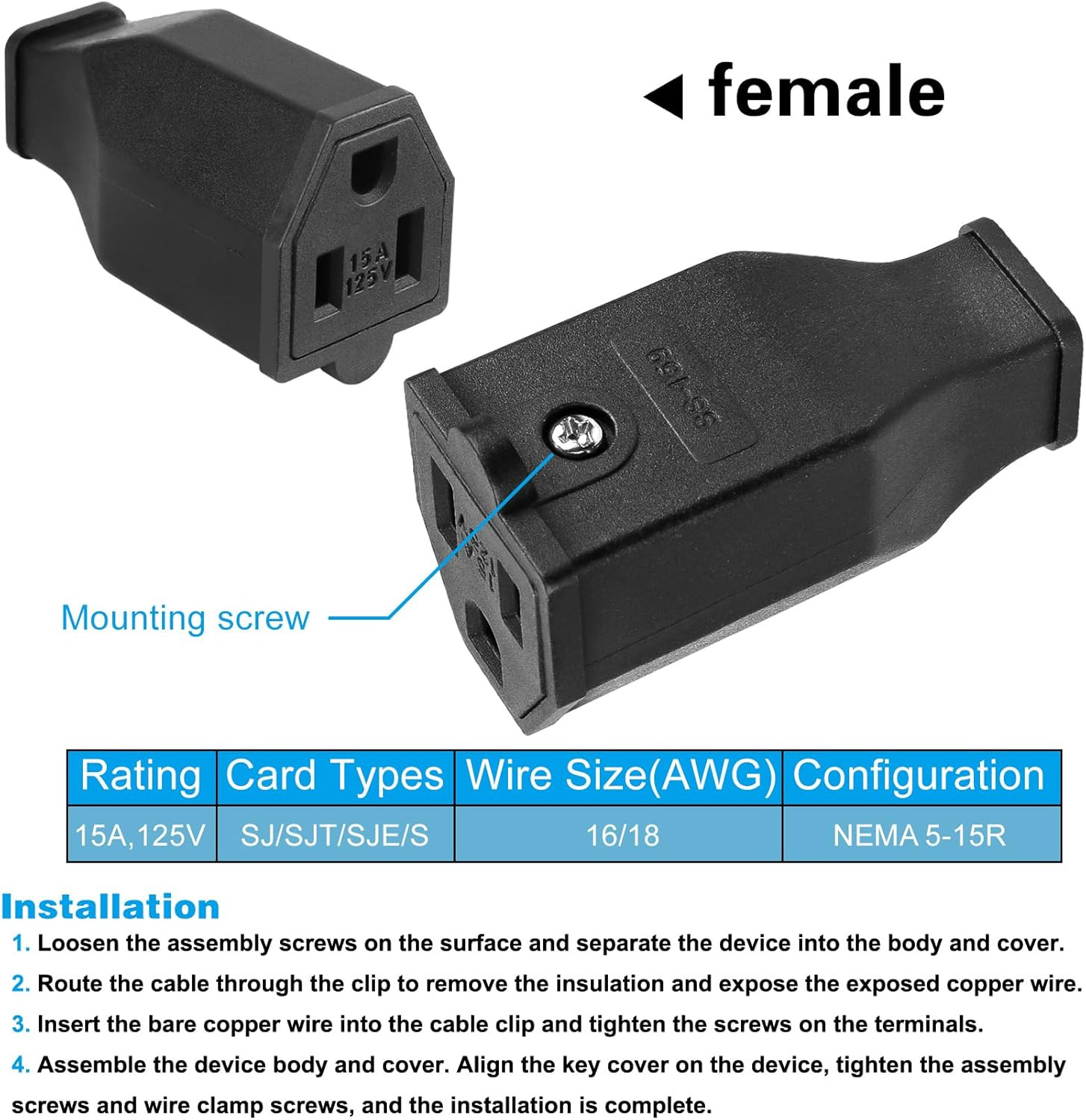 2-Pole, 3 Wire Grounding Plug Male Extension Cord Straight Blade Plug