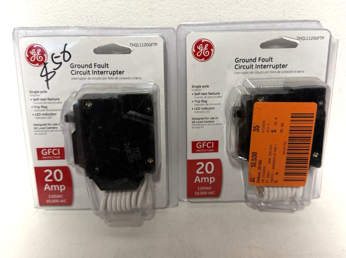 2 Packs-GE 20 Amp Ground Fault Circuit Interrupter THQL1120GFTP Single Pole
