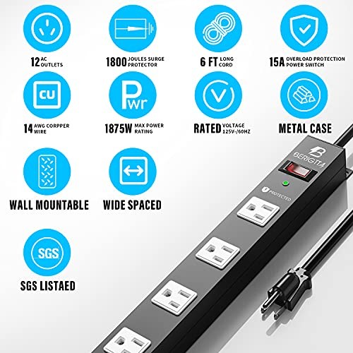 Surge Protector Metal Power Strip, 1800J Mountable Power 12 Outlet White