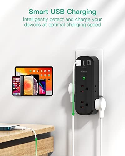 USB Outlet Extender Surge Protector 1800J 6 AC 3 USB Rotating Plug Travel