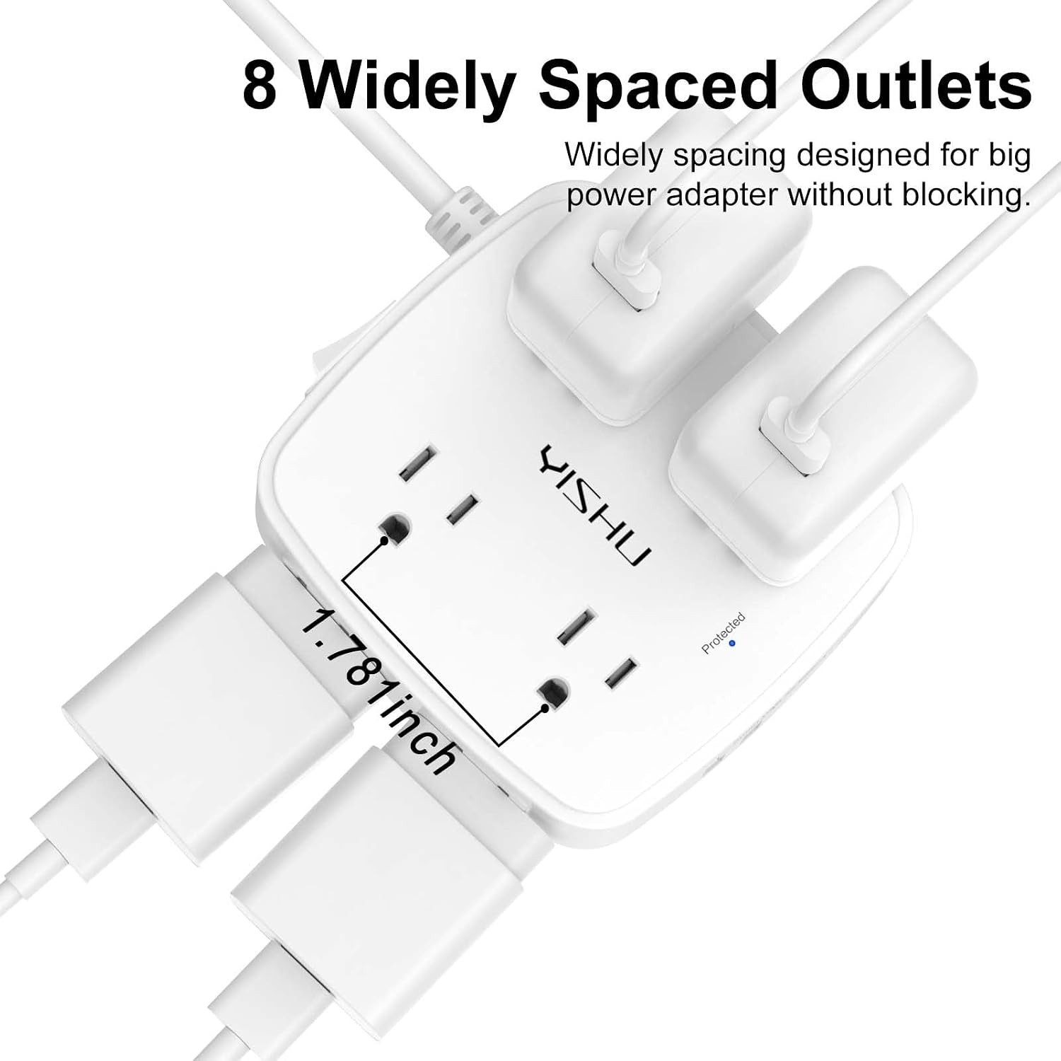 5ft Surge Protector Power Strip 8 Outlets 4 USB Ports Flat Plug ETL White