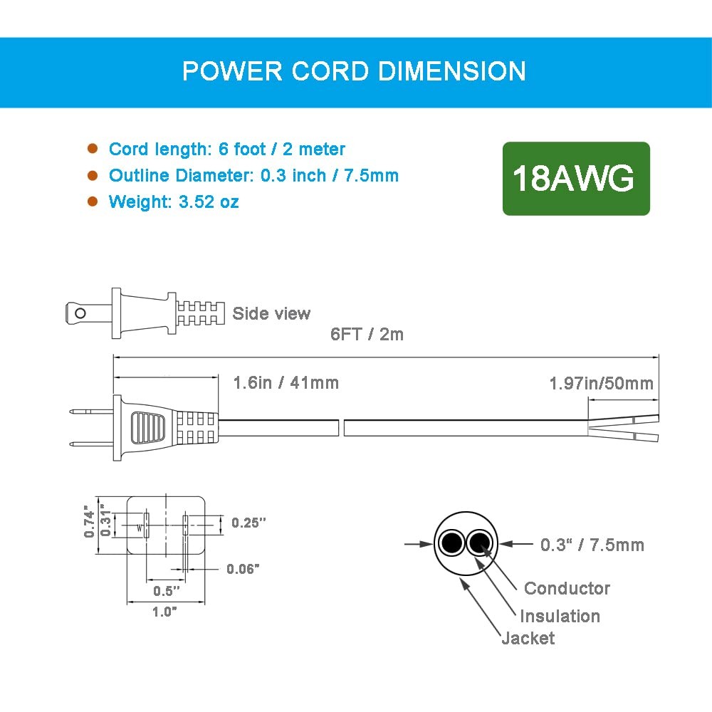18AWG Power Cord Round Cable 2 Prong Polarized Plug 18 Gauge 120V Power Suppl…