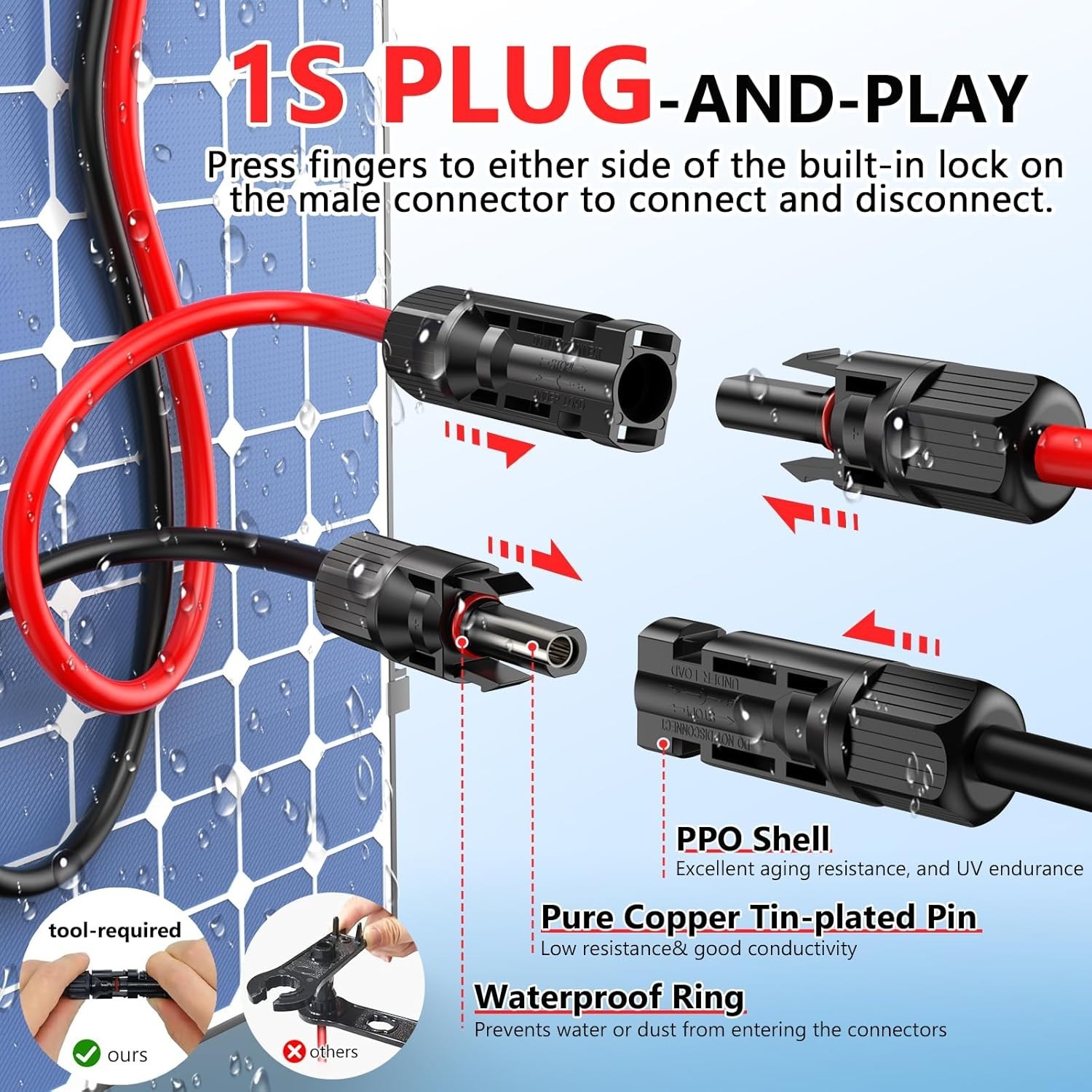 10AWG Tin Plated Copper Solar Panel Extension Cables with Waterproof Connectors
