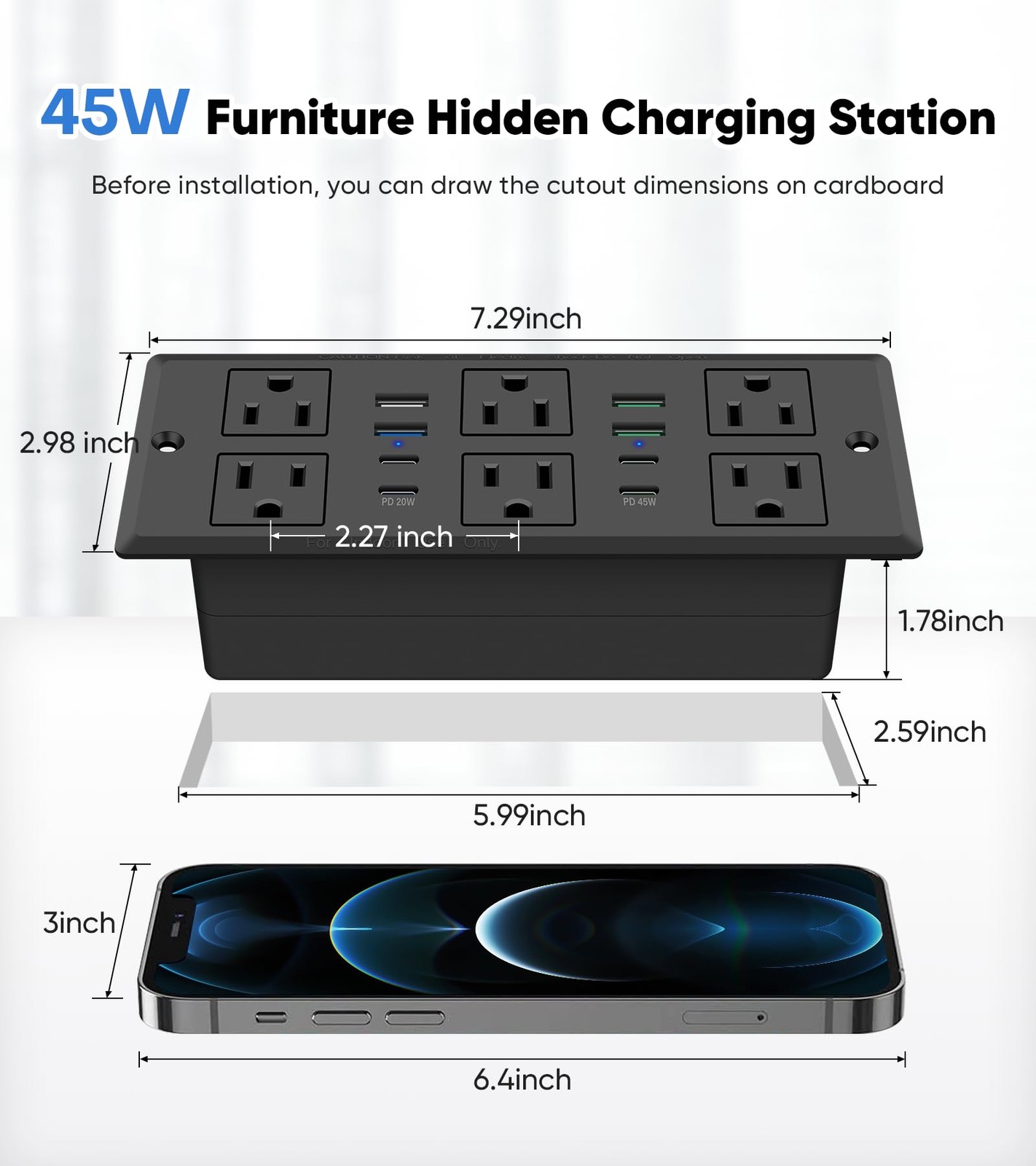 45W Recessed Power Strip, Flush Mounted Surge Protector(1200J) with 6 AC Outl…