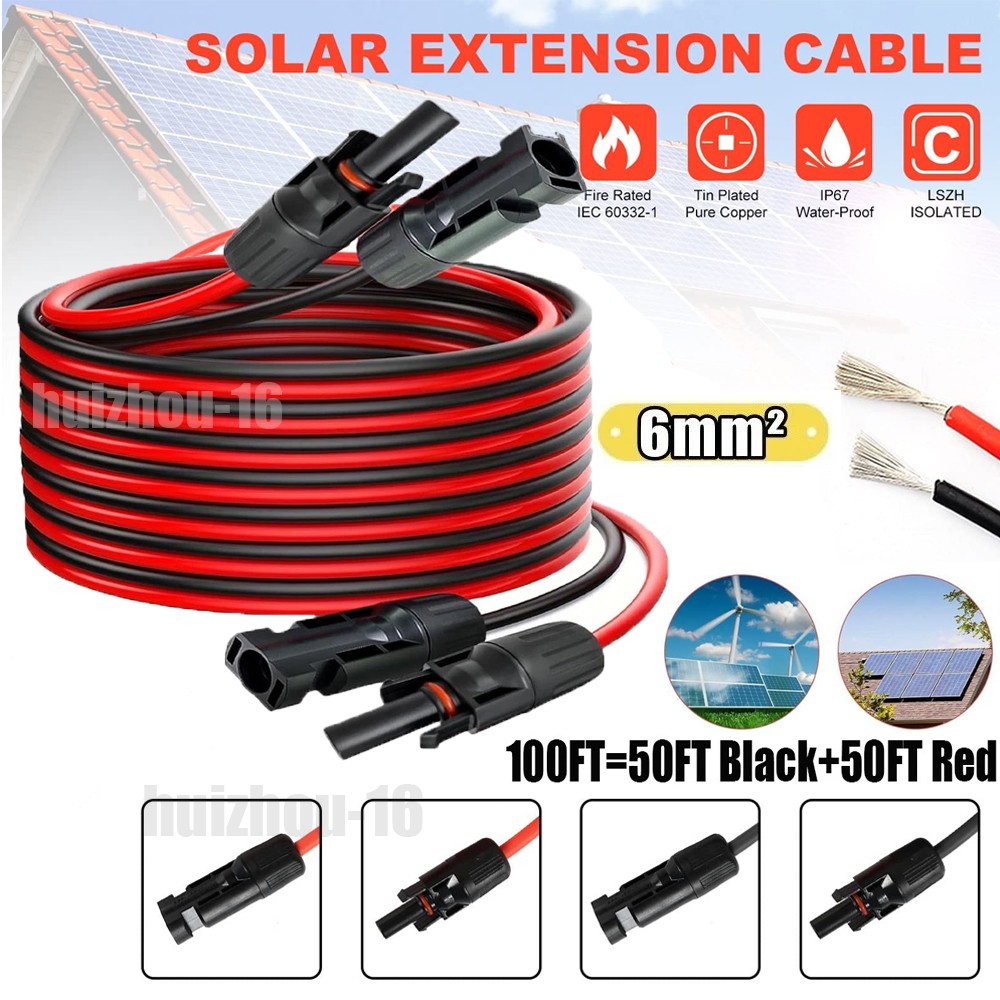 100FT 10 AWG Solar Panel Extension Cable PV Wire Solar Connectors Pair 6mm²