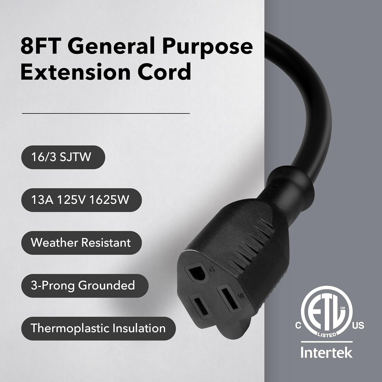 BN-LINK 8/15 ft In/Outdoor Extension Cord 16/3 SJTW, 3-Prong Grounded Plug, ETL
