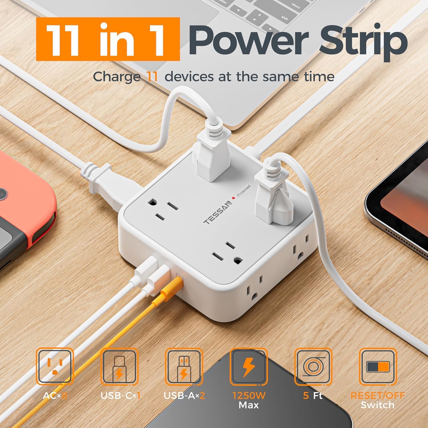 5 Ft Grey Surge Protector with 3 USB Power Strip Extension Cord 5ft USB Power