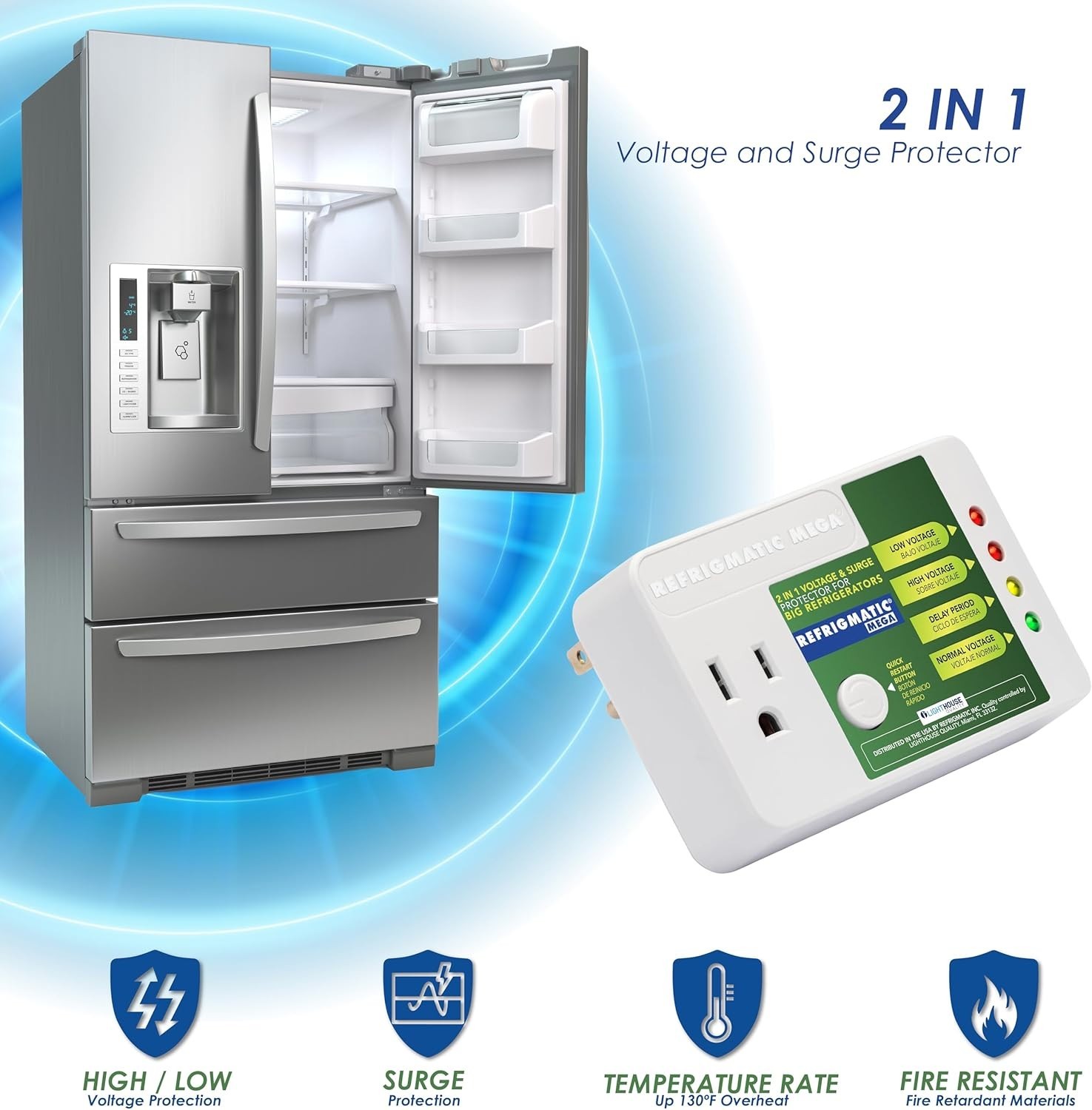 MEGA, 2 in 1 Electronic Voltage & Surge Protector for Two Door Refrigerators