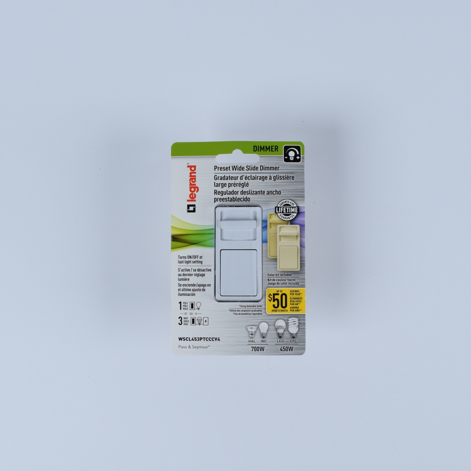 Legrand Pass & Seymour WSCL453PTCCCV4 Preset Wide Slide Dimmer w/ Color Kit