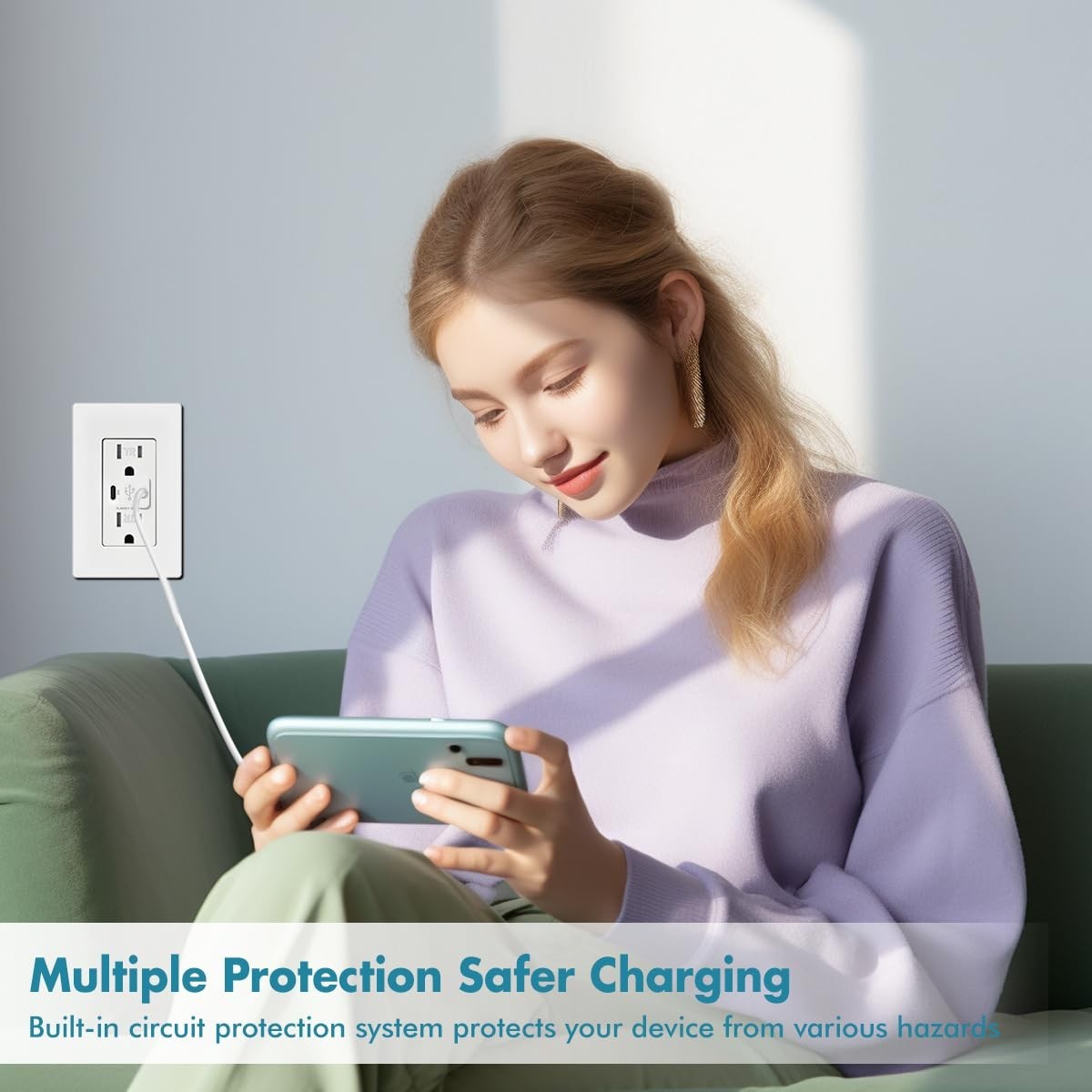 65W 2-Port USB C Wall Outlet, PD 3.0 GaN Tamper-Resistant 15 Amp