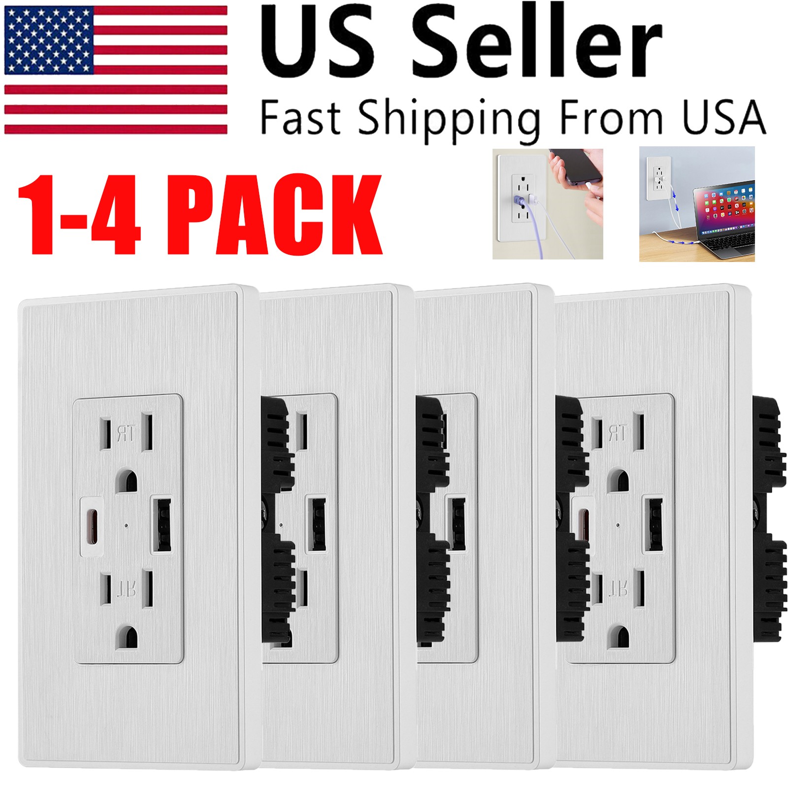 1-4 X USB Type-C/A Dual Port Wall Socket Outlet Receptacle Electrical Socket 15A