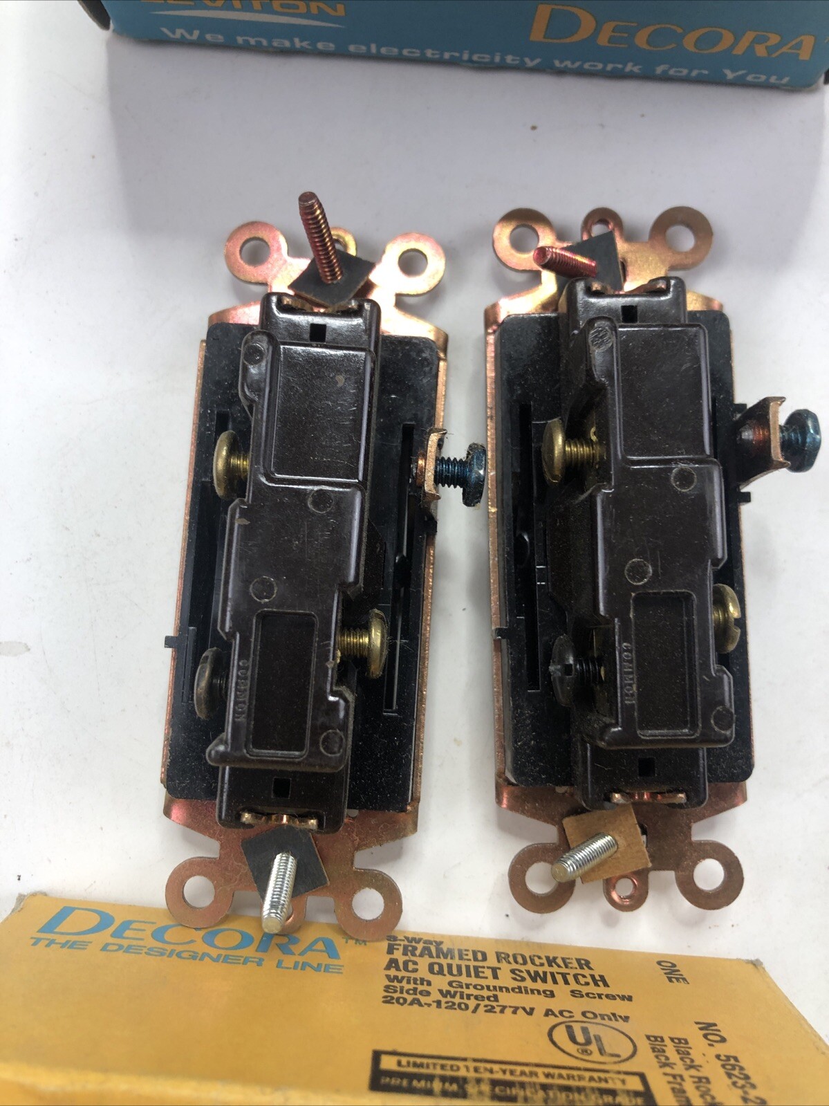 (2) Leviton 5623-2E 20 Amp, 120/277 Volt, Decora Rocker 3-Way Quiet Switch Black