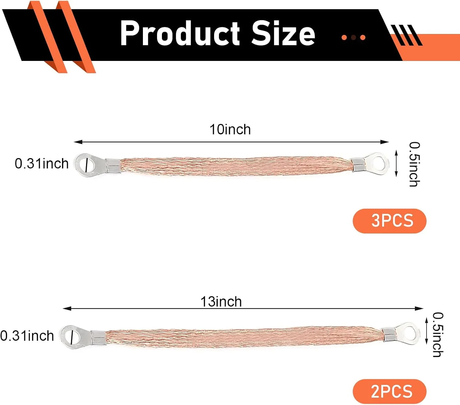 5 PCS Car Ground Wires, 2 Sizes Copper Braided Grounding Strap, Flexible Ring Te