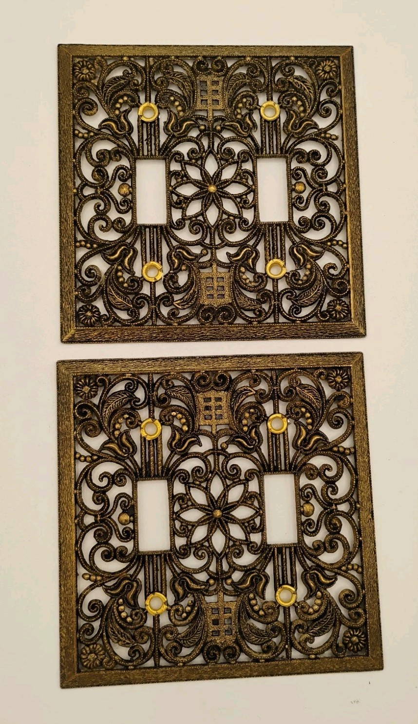 Vintage Unbranded Brass Filigree Decorative 2-Gang Light Switch Plates Lot Of 2