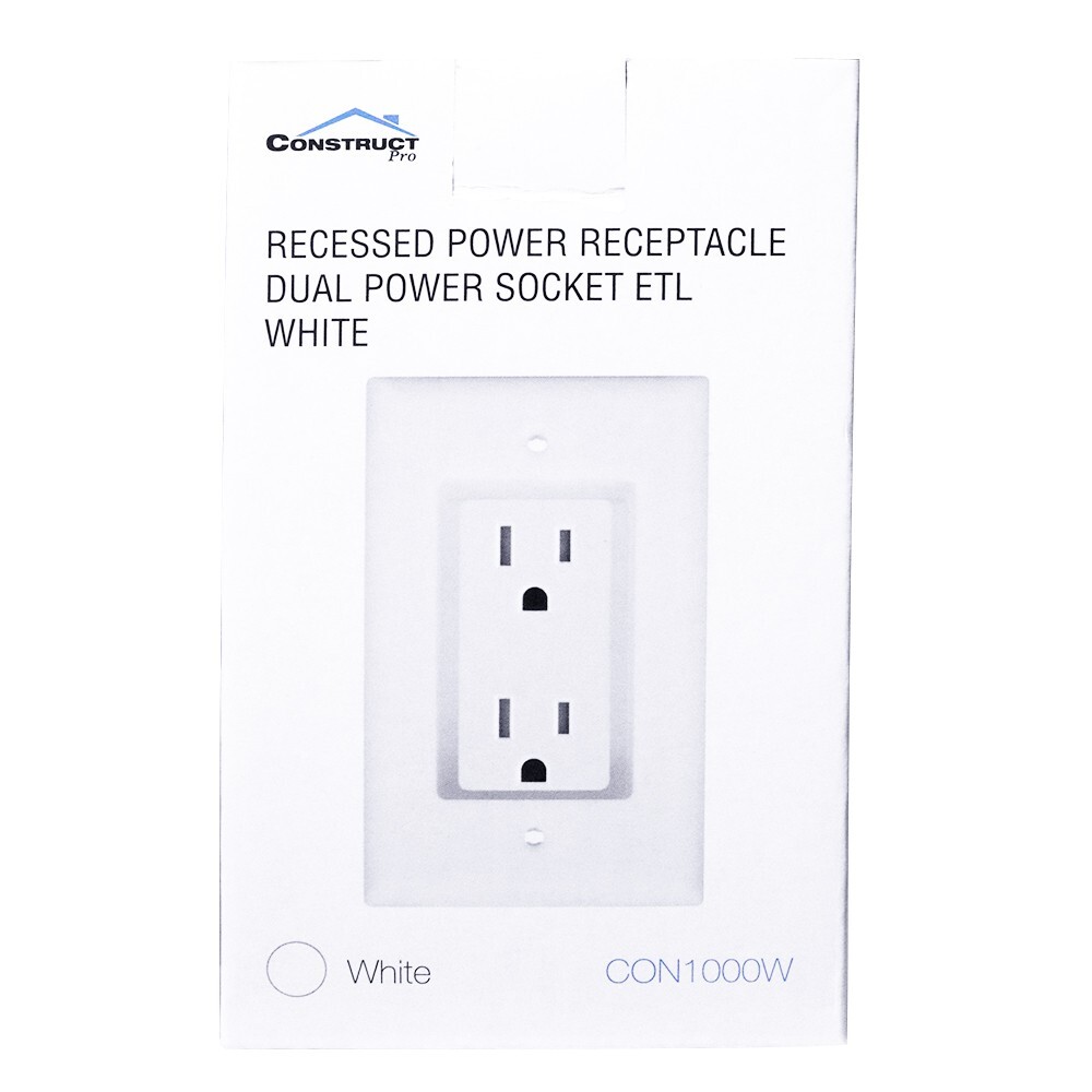 Construct Pro Single Gang Recessed Dual Power Outlet (White, ETL Listed)