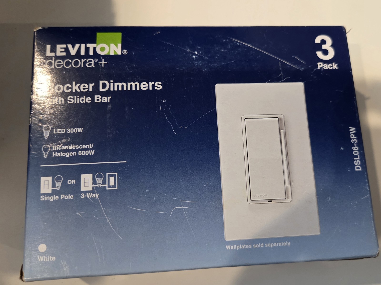 Leviton Decora+ 3-Pack DSL06-3PW Rocker Dimmers with Slide Bar