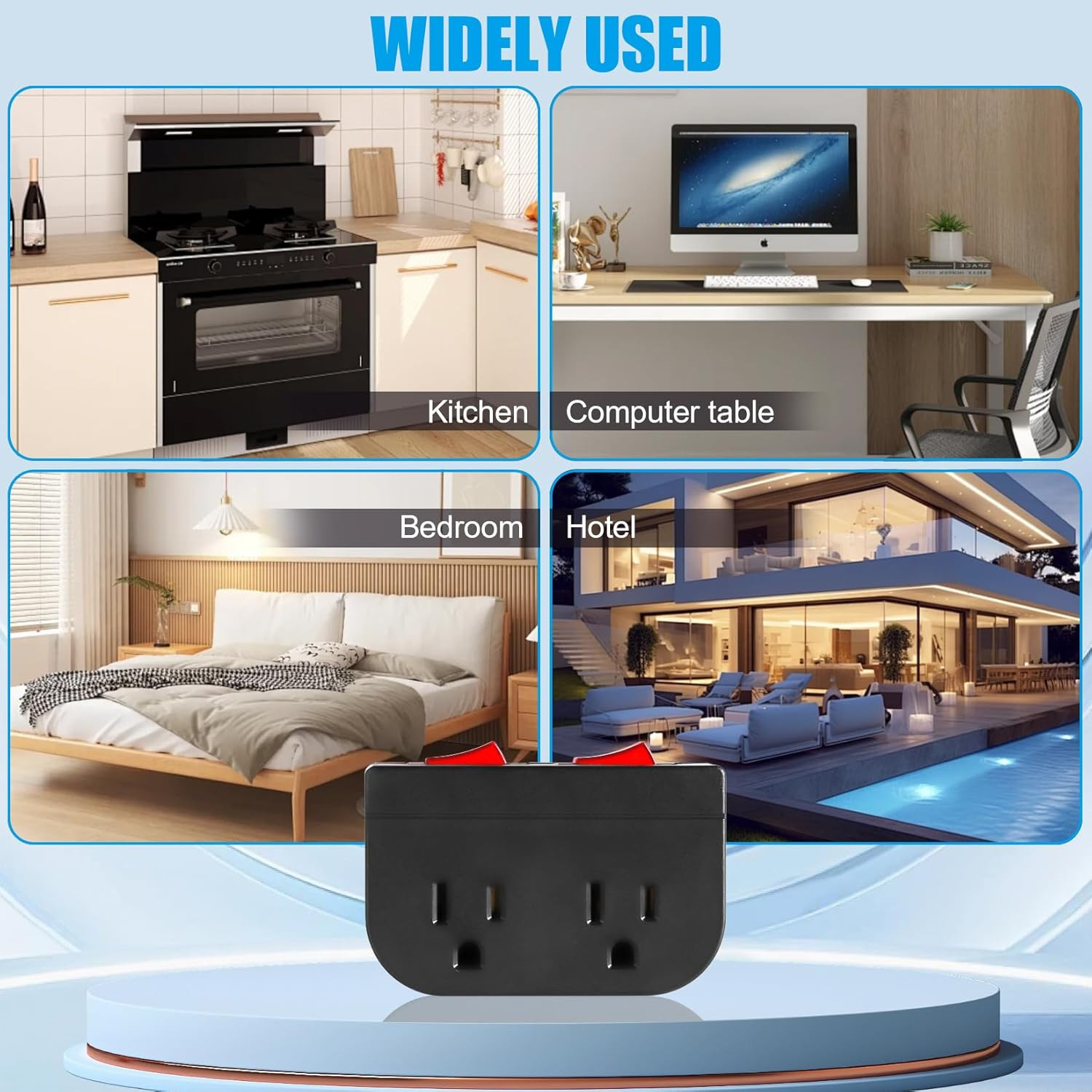 Dual On/Off Switch Grounded Outlet 2-Port Plug Adapter 15A 1875W ETL Black 1PK