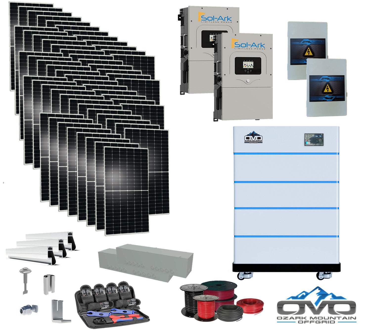 30KW Complete Offgrid Solar Kit – 15K Sol-Ark Inverter + 20.48KW OMO Stack Lithi