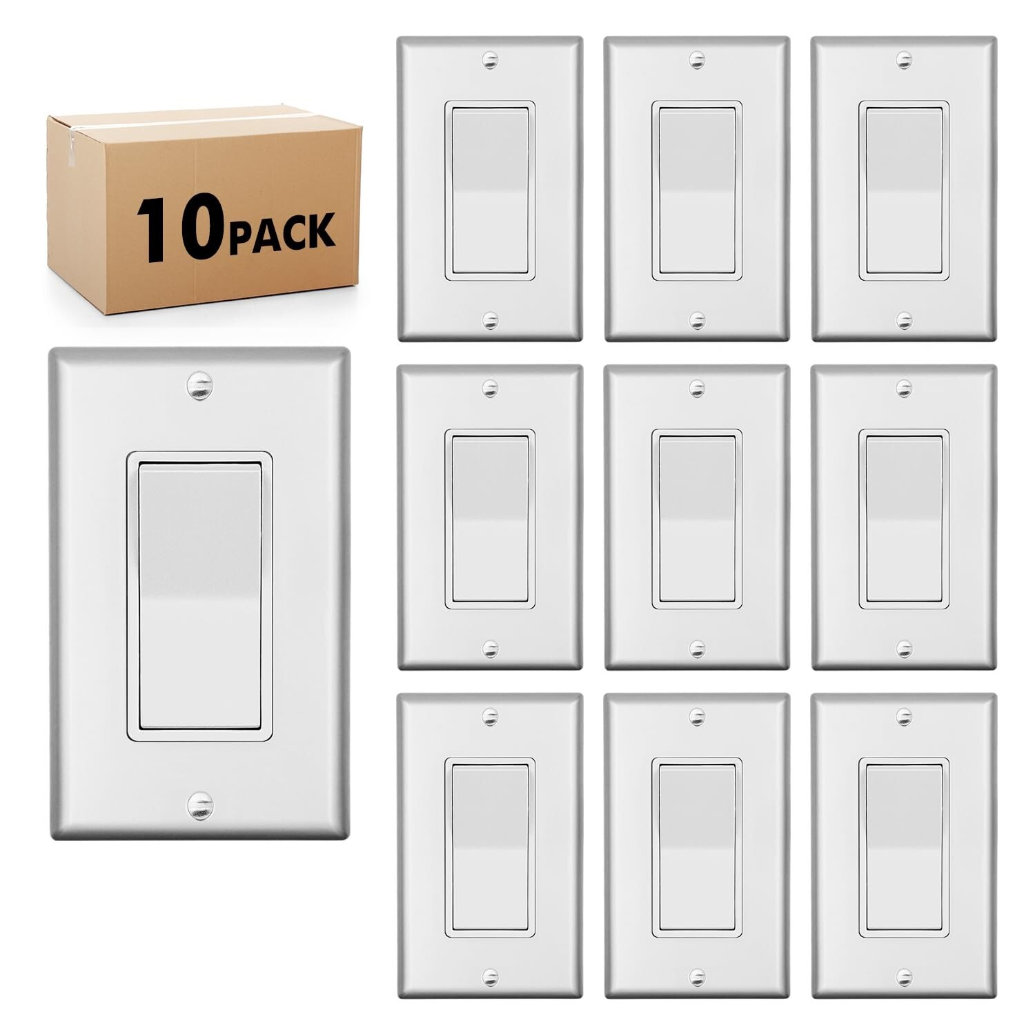 Decora Light Switch sliver, Single Pole Paddle Rocker UL ,15A 120V/277V,10 Pack