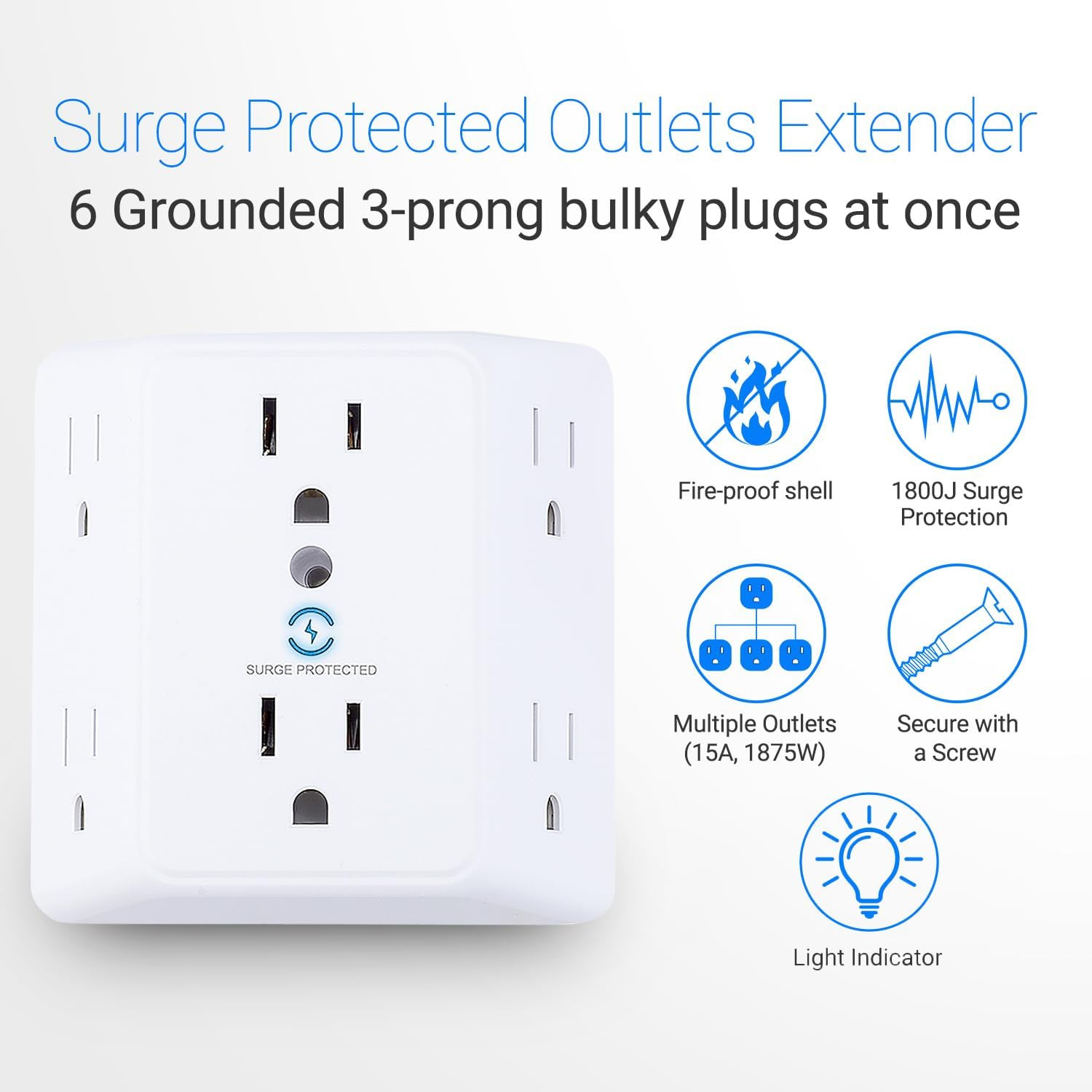 Multi Plug 6 Outlet Extender, 2 Pack Surge Protector Wall Splitter