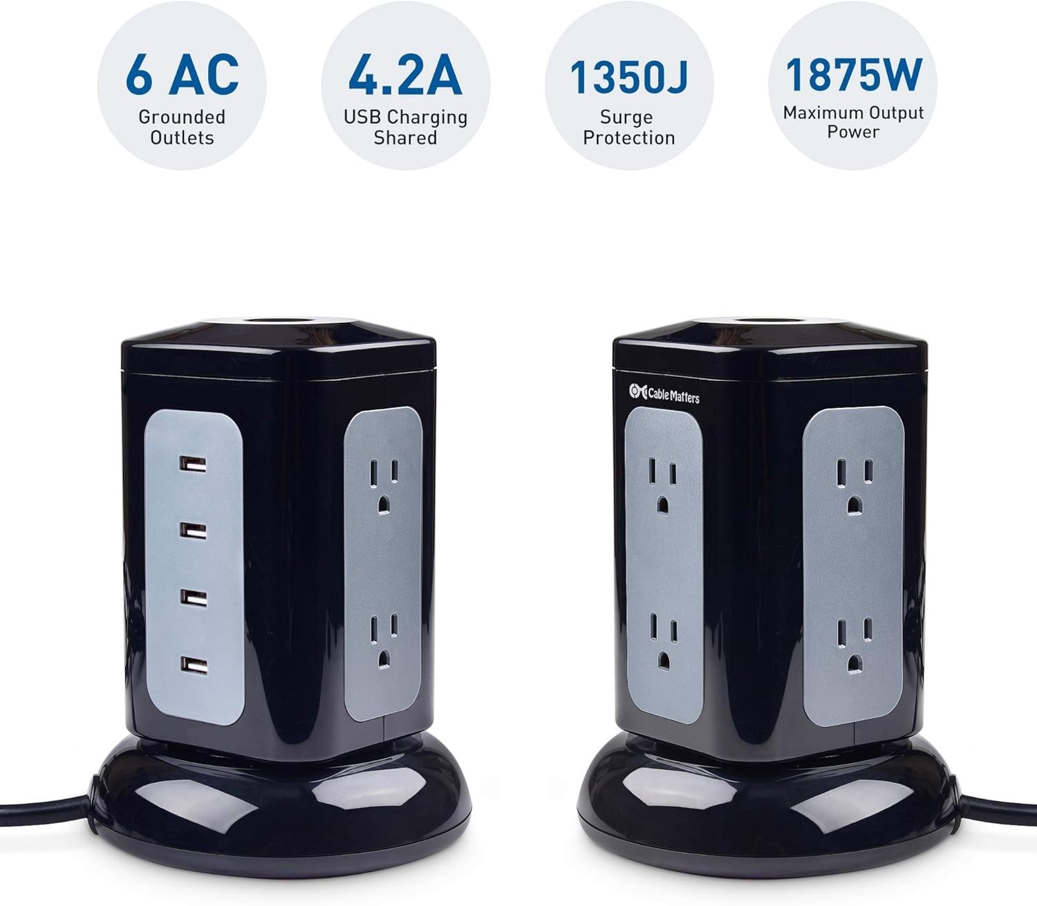 6 Outlet Surge Protector Tower with 4 USB Charging Ports 4.2A in Total and 10…