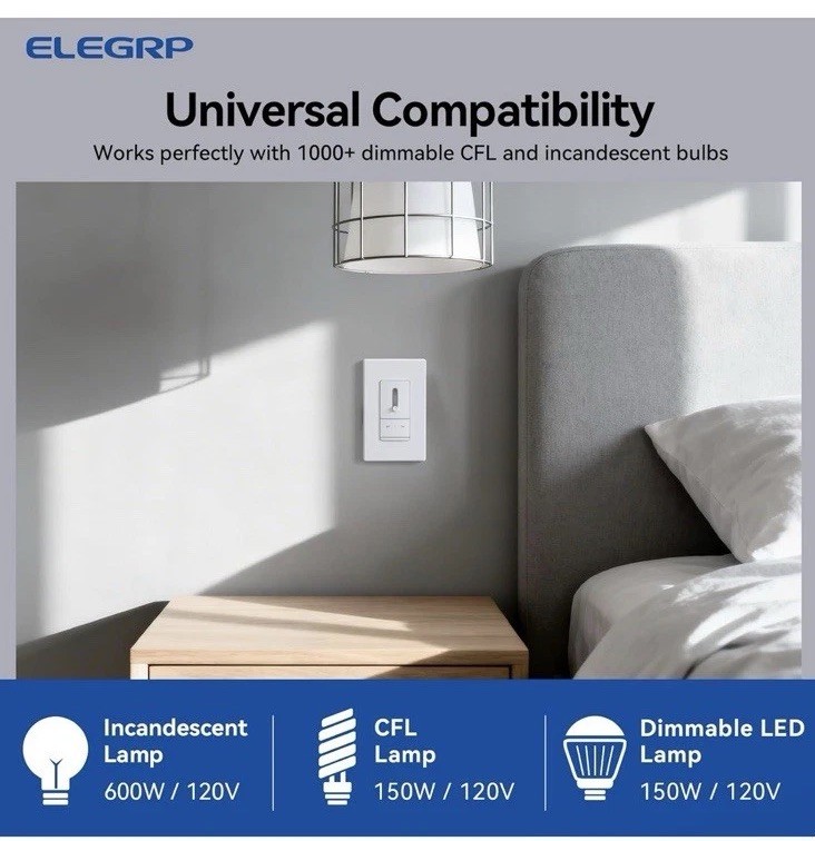 ELEGRP Slide Dimmer Switch for Dimmable LED, CFL and Incandescent DM17-WH6