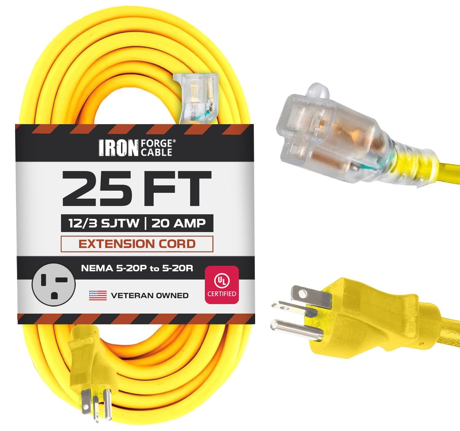 25 Ft Nema 5-20P to 5-20R Lighted Yellow SJTW 12 Gauge 20 Amp Heavy Duty Cable