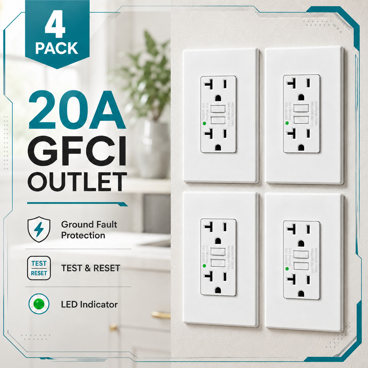 4PK 20A GFCI Electrical Receptacle Non TR with LED Indicator Wall Plate ETL