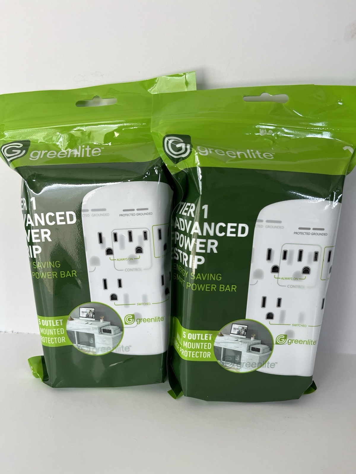 2 Greenlite 5 Outlet Tier 1 Advanced Power Strip Wall Mt Surge Protector NEW
