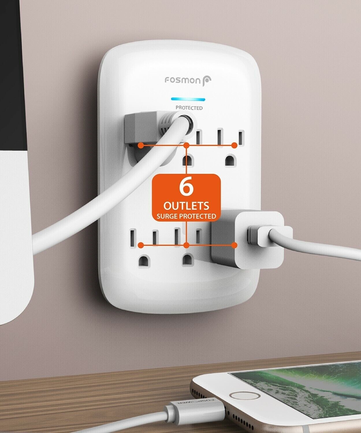6 Outlet Extender Surge Protector Multi Plug Wall Adapter Tap 1200J [ETL Listed]