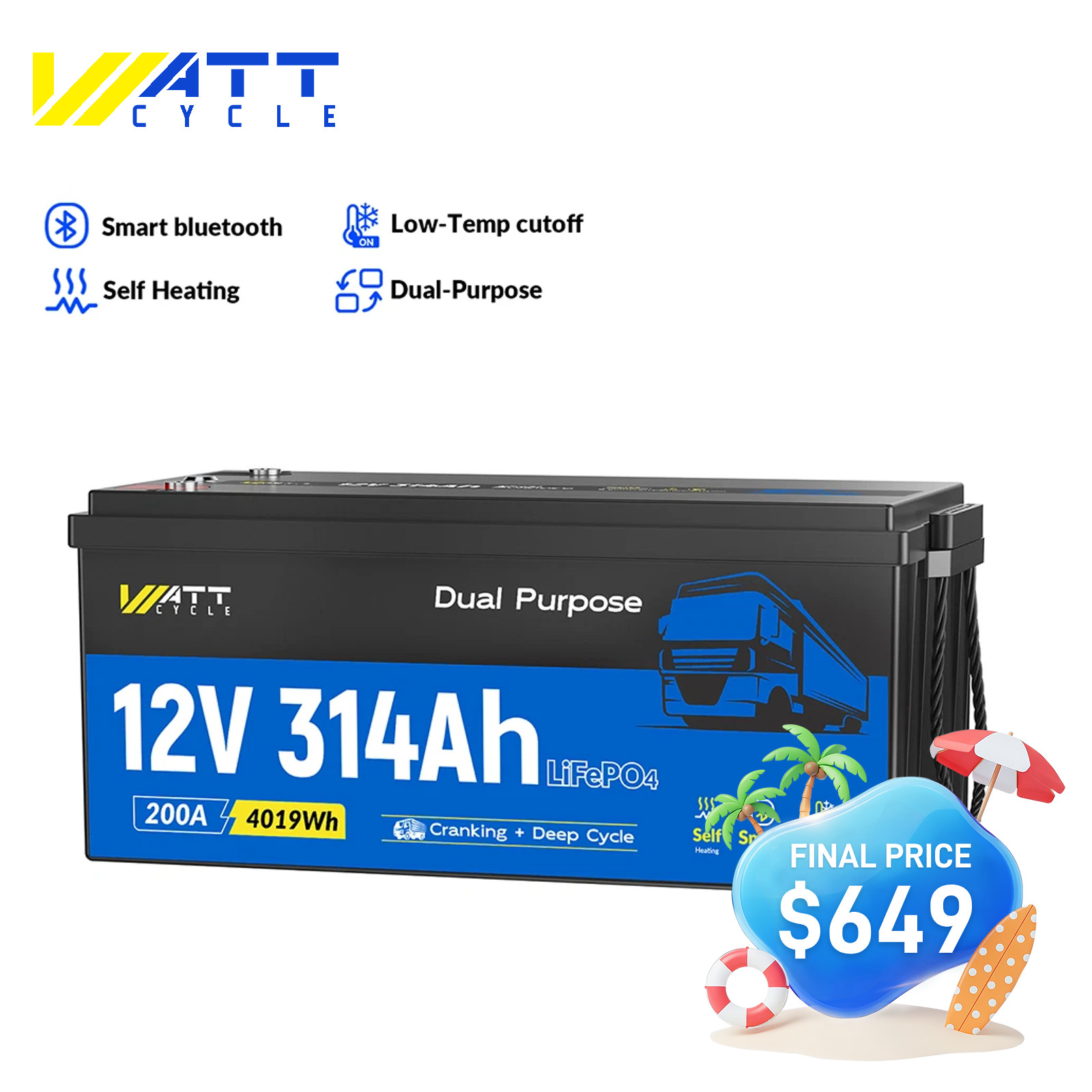 WattCycle 12V 314Ah LiFePO4 Battery Dual Purpose Self-Heating Semi Truck Starter