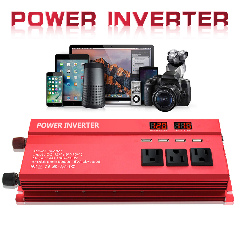 1000W Power Inverter 12V DC to 110V AC Converter 2000W Peak 3 Outlets 4 USB Port