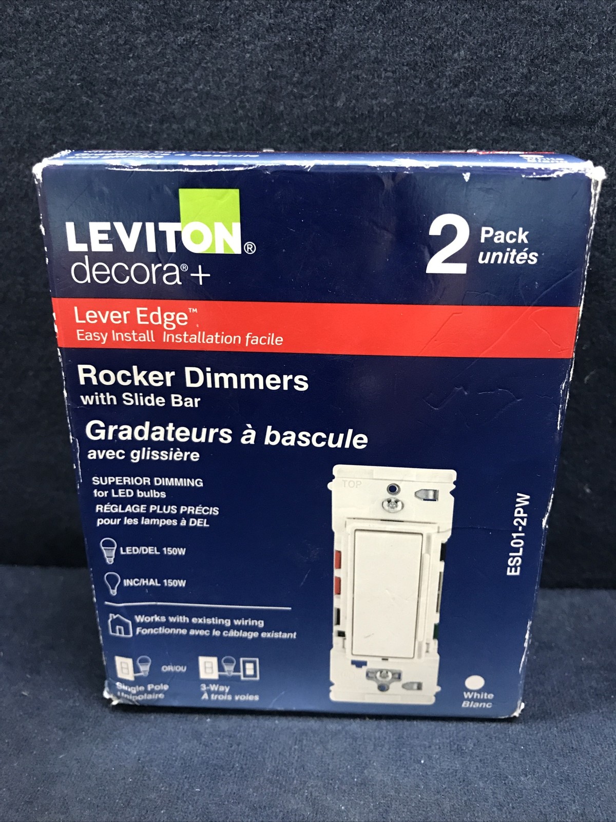 LEVITON ESL01-2PW DECORA LEVER EDGE ROCKER SLIDE DIMMER SWITCH 1&3 WAY WHITE 2PK